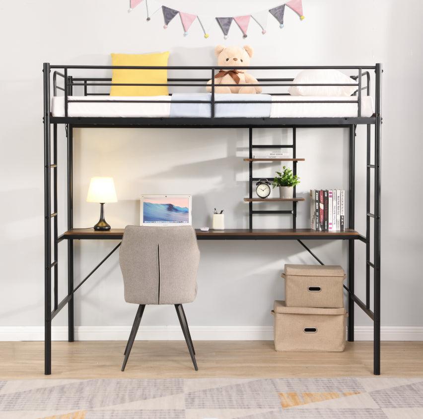 🆓🚛 Metal Twin Loft Bed With Desk & Storage Shelves