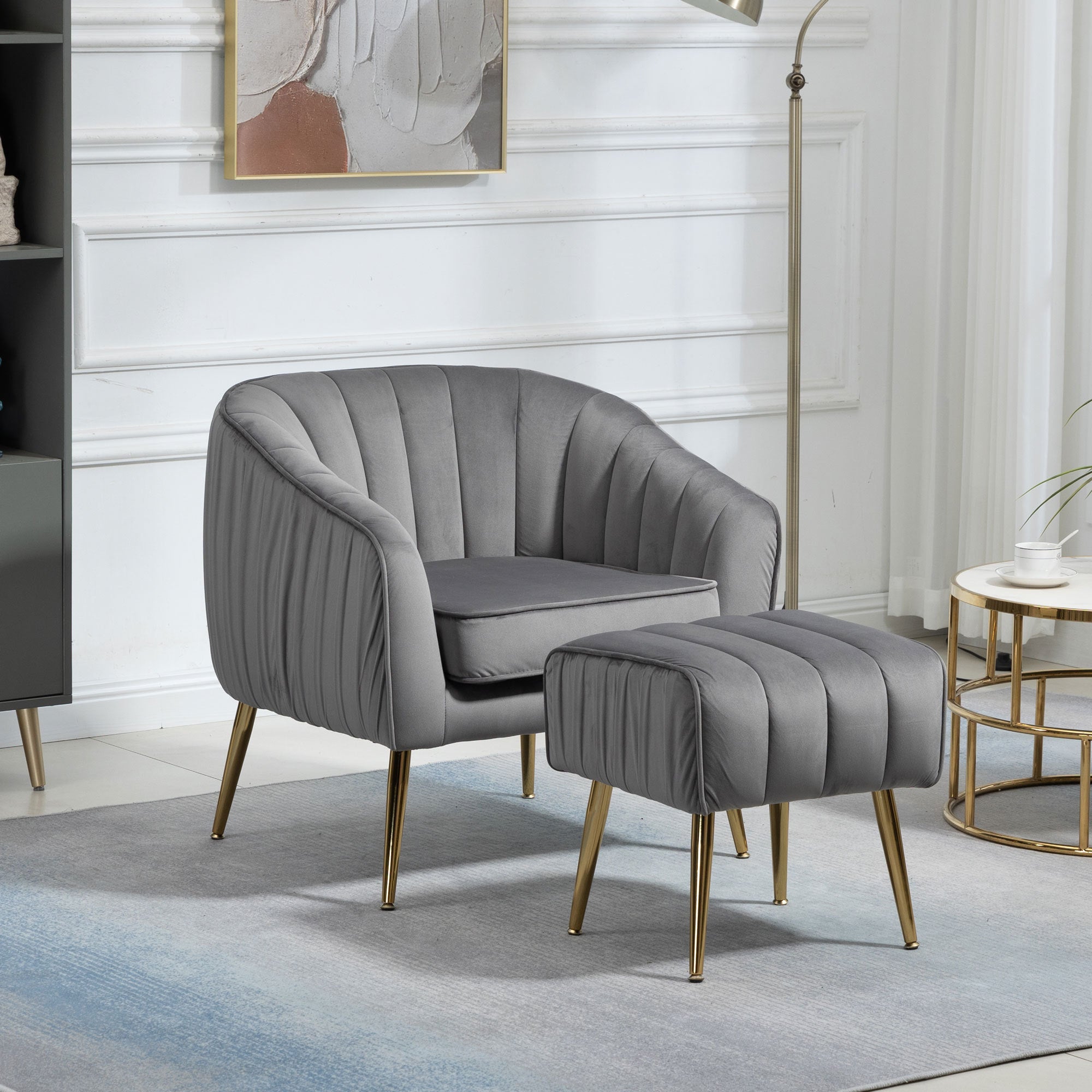 Velvet Accent Chair With Ottoman, Modern Tufted Barrel Chair Ottoman Set for Living Room Bedroom, Golden Finished, Gray