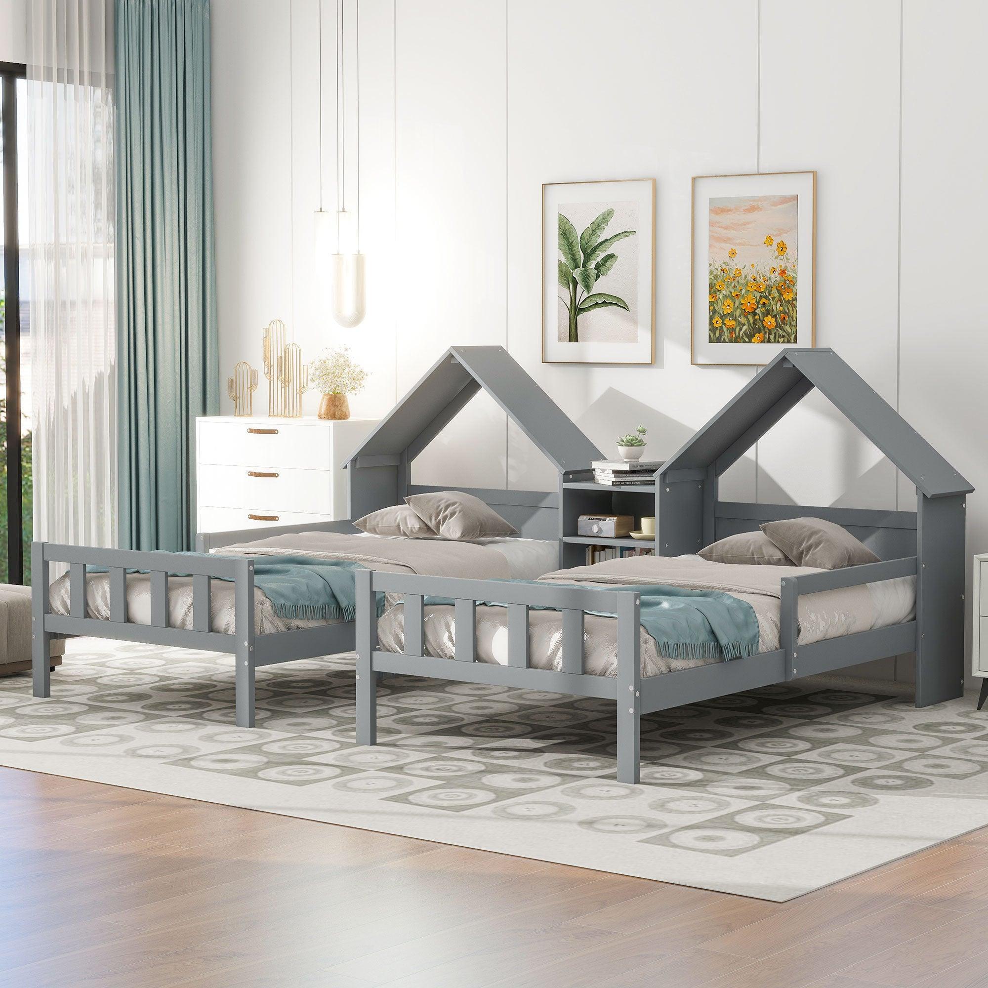 🆓🚛 Double Twin Size Platform Bed With House-Shaped Headboard & a Built-in Nightstand, Gray