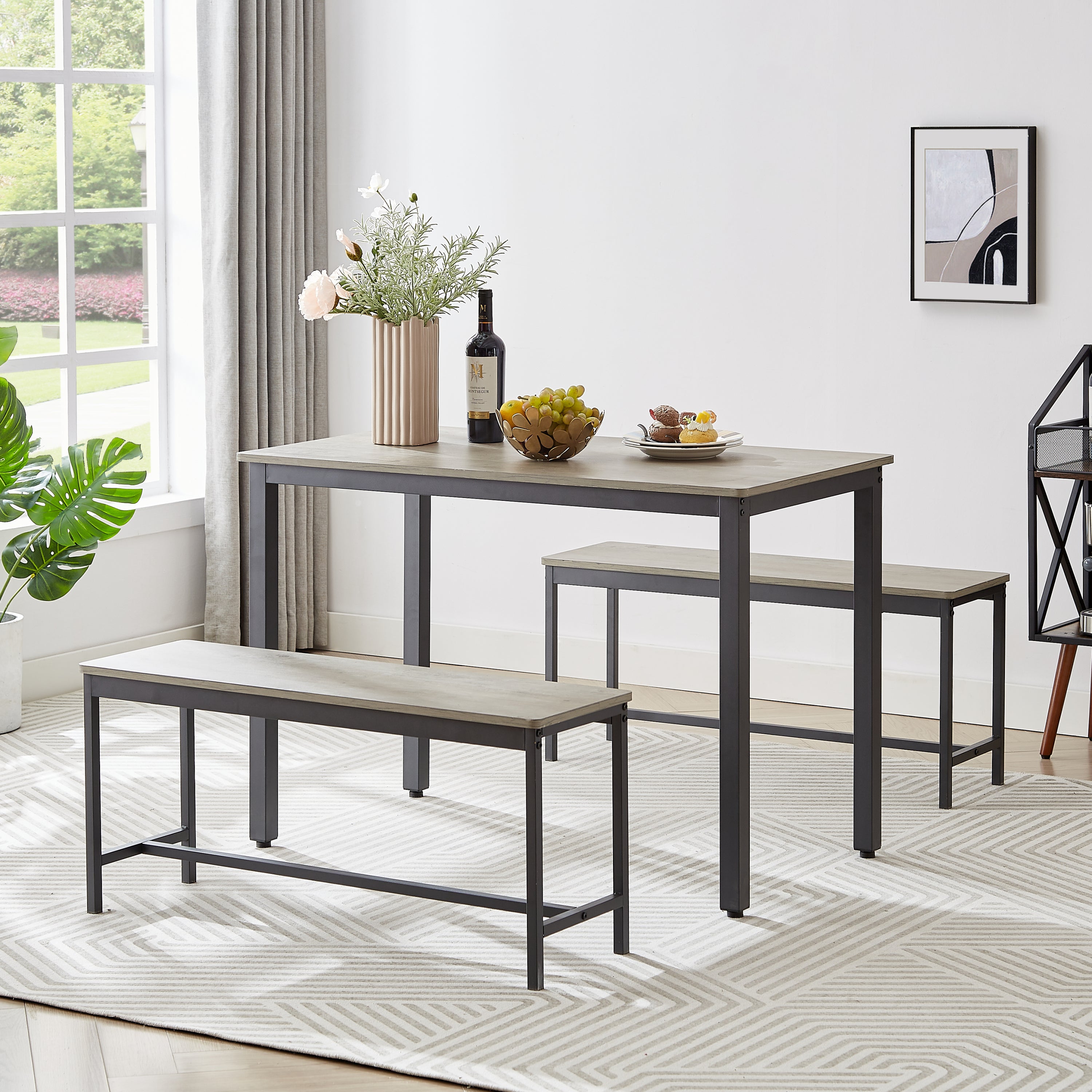 🆓🚛 Dining Table Set, Bar Table With 2 Dining Benches, Kitchen Table Counter With Chairs, Industrial for Kitchen Breakfast Table, Living Room, Party Room, Gray and Black, 43.3″L X 23.6″W X 29.9″H