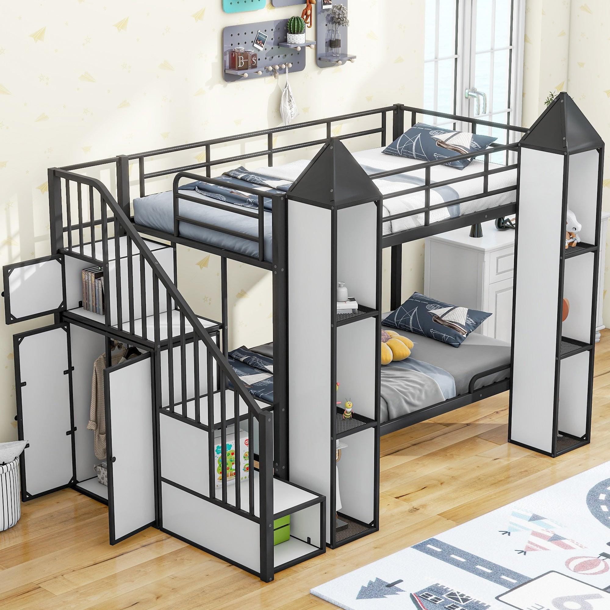 🆓🚛 Metal Twin Over Twin Castle-Shaped Bunk Bed With Wardrobe & Multiple Storage, Black & White