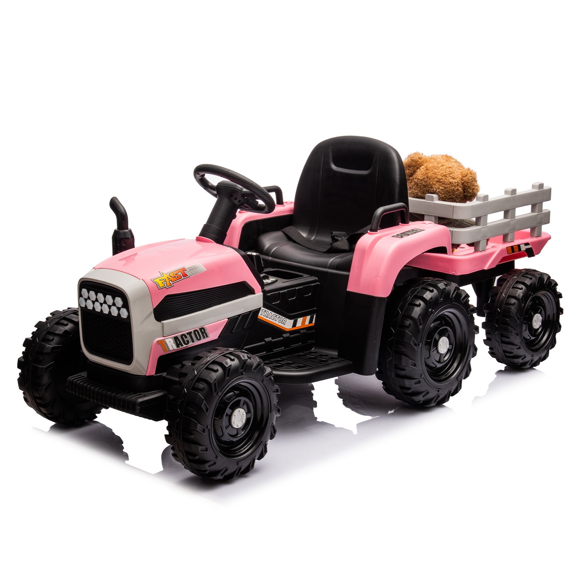 🆓🚛 Ride On Tractor With Trailer, 12V Battery Powered Electric Tractor Toy W/Remote Control, Electric Car for Kids, Three Speed Adjustable, Power Display, USB, Mp3, Bluetooth, Led Light, Two-Point Safety Belt, Pink