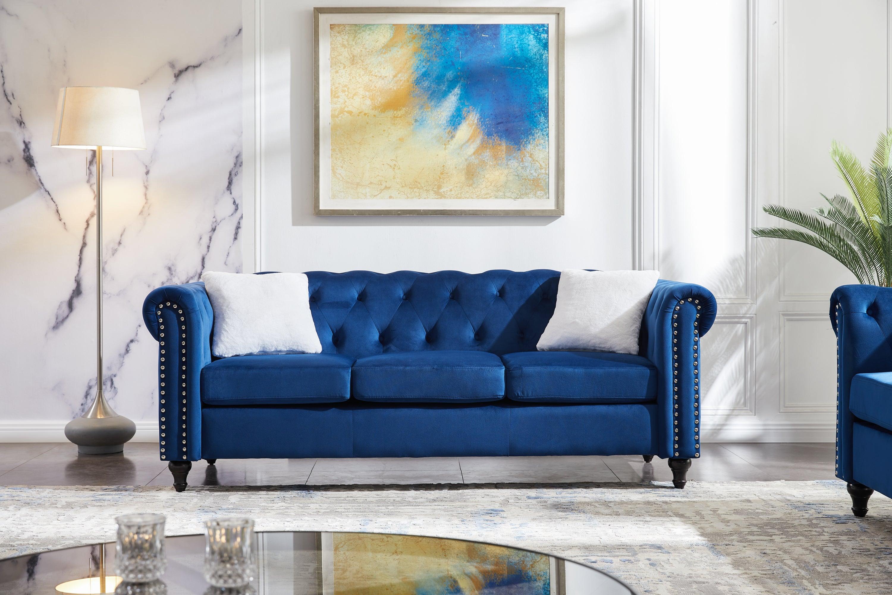 🆓🚛 3-Seater Sofa With Button & Copper Nail On Arms & Back, Two White Villose Pillow, Velvet Blue (82.5"X34.5"X30")