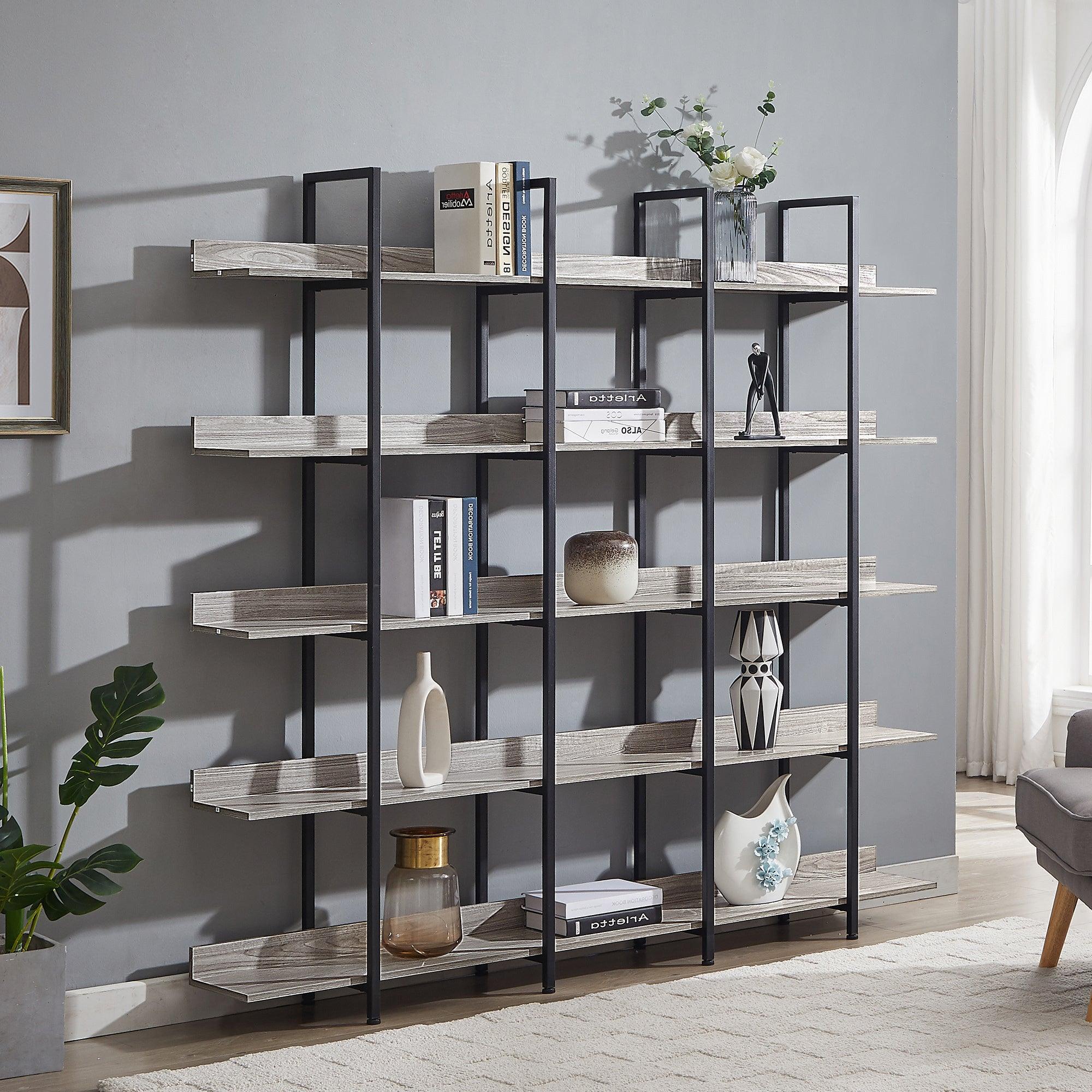 🆓🚛 5 Tier Bookcase Home Office Open Bookshelf, Vintage Industrial Style Shelf With Metal Frame, Gray