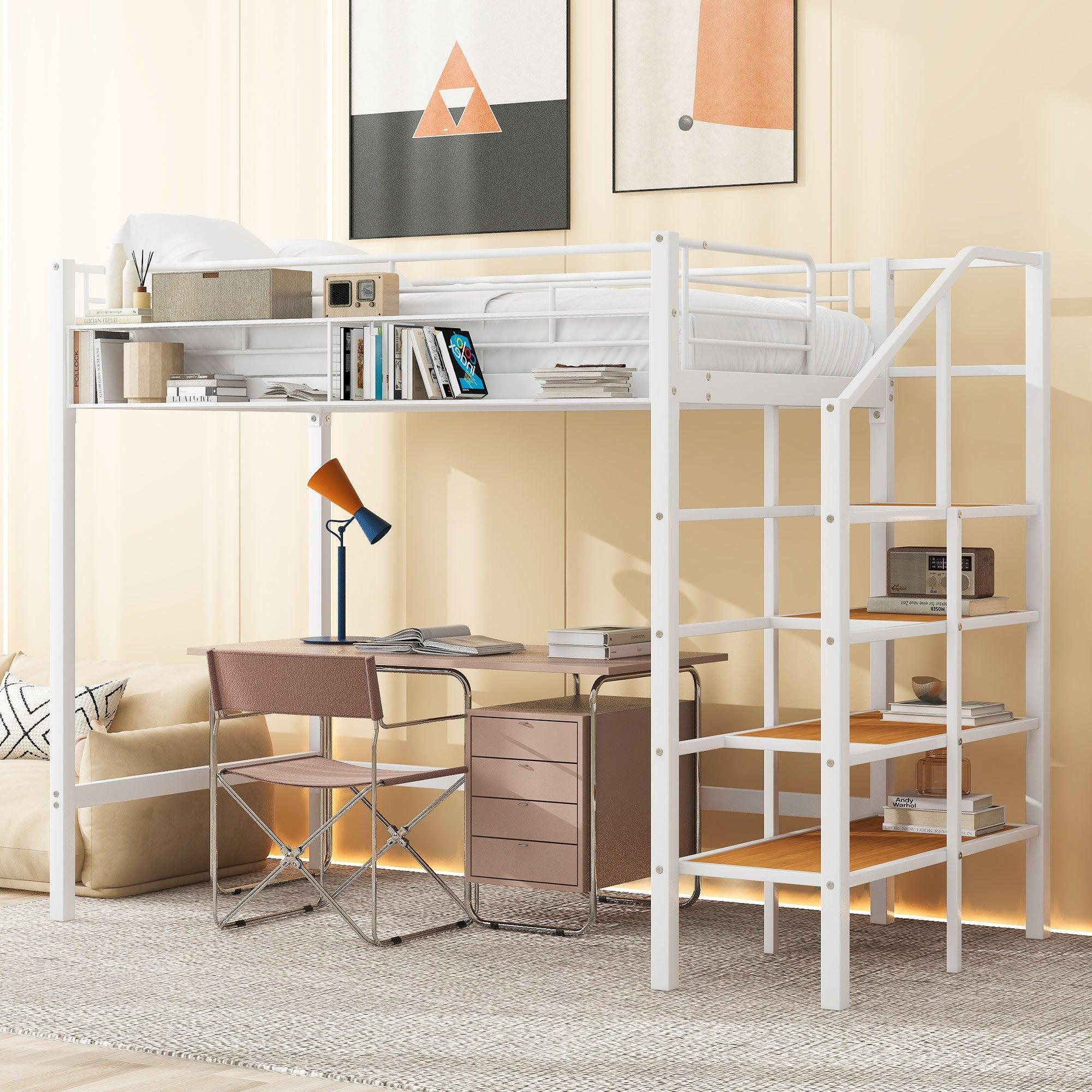 🆓🚛 Twin Size Metal Loft Bed With Upper Grid Storage Shelf & Lateral Storage Ladder, White