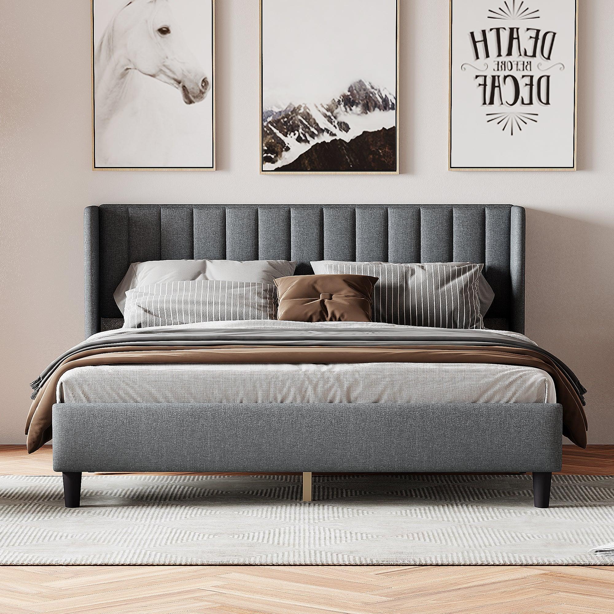 🆓🚛 King Size Upholstered Platform Bed Frame With Headboard, Mattress Foundation, Wood Slat Support, Light Gray