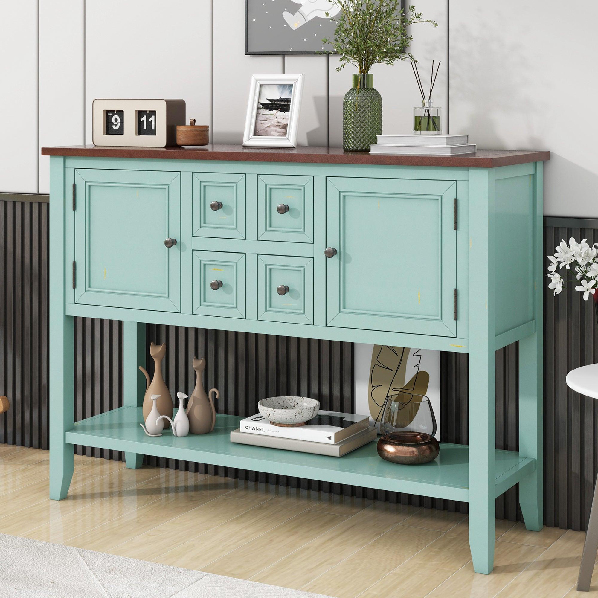 🆓🚛 Cambridge Series Ample Storage Vintage Console Table With Four Small Drawers & Bottom Shelf for Living Rooms, Entrances & Kitchens, Retro Blue