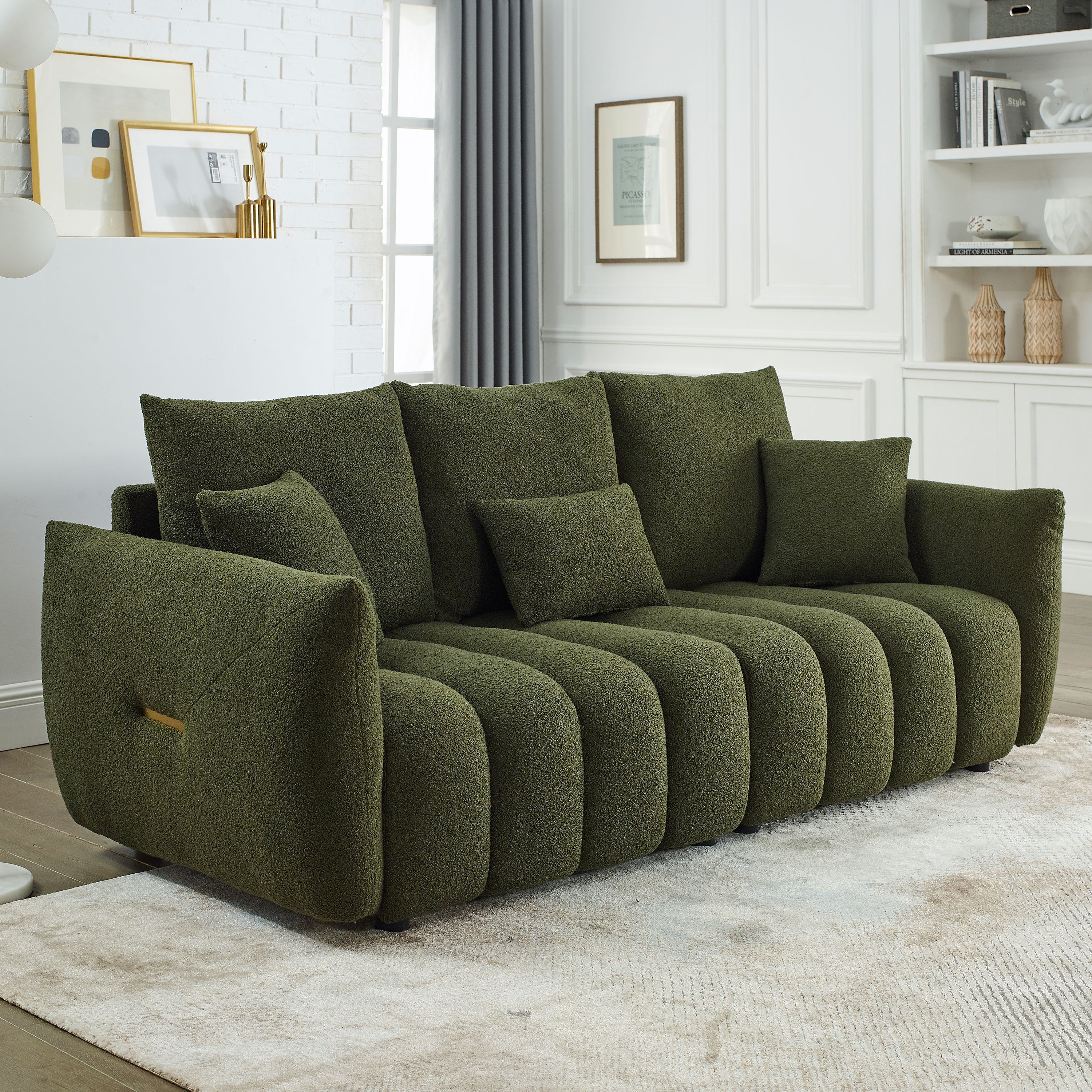 🆓🚛 82" Premium Teddy Velvet Sofa With 3 Back Pillows and 3 Back Cushions Solid Wood Frame 3-Seater Sofa, Green