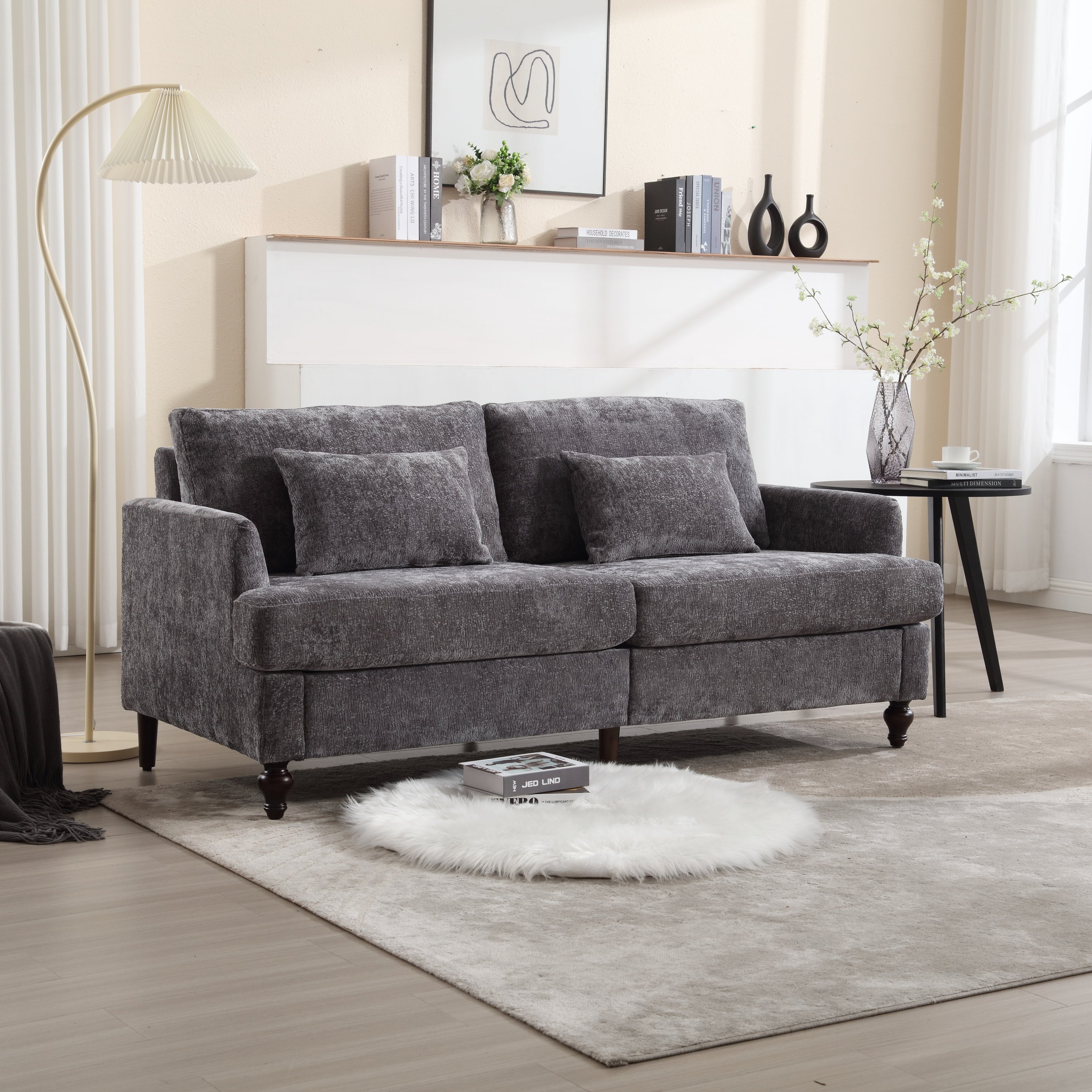 🆓🚛 68.9" Modern Chenille Fabric Loveseat, 2-Seat Upholstered Loveseat Sofa Modern Couch, Gray