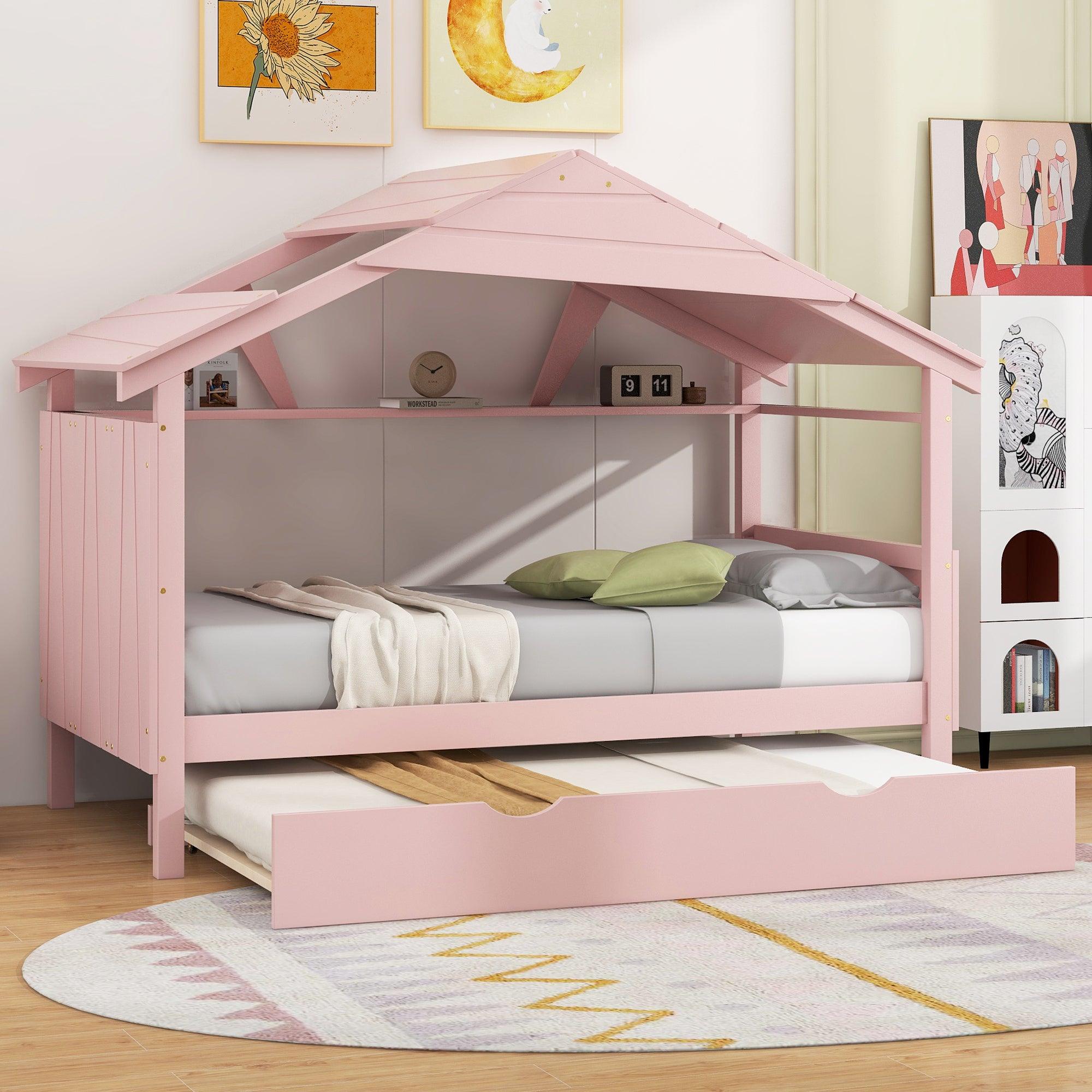 🆓🚛 Wood Twin Size House Bed With Trundle & Storage, Pink