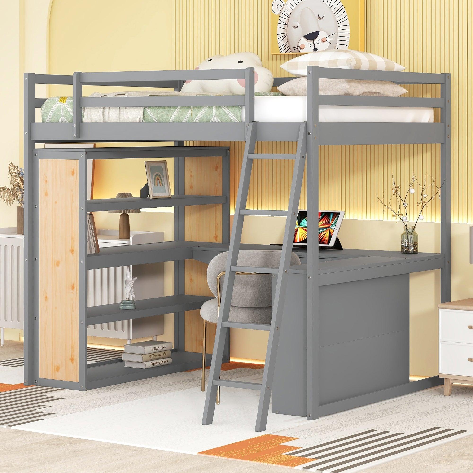 Full Size Loft Bed with Ladder, Shelves, and Desk, Gray