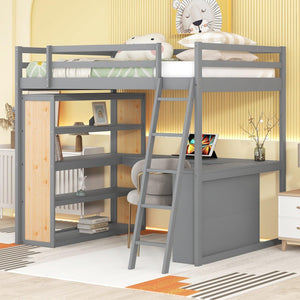 Full Size Loft Bed with Ladder, Shelves, and Desk, Gray