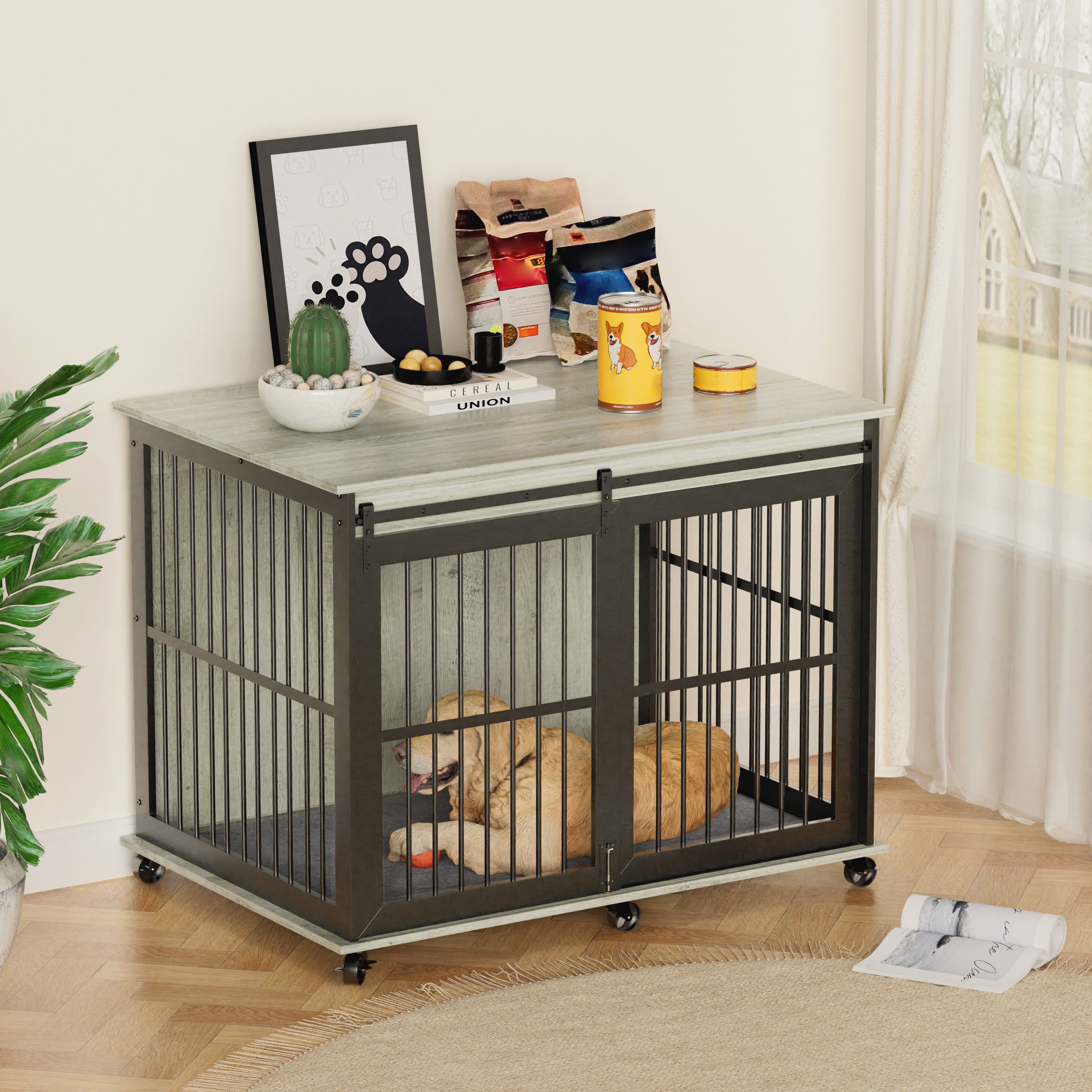 🆓🚛 Furniture Dog Crate Sliding Iron Door Dog Crate With Mat, Gray, 43.7''W X 30''D X 33.7''H