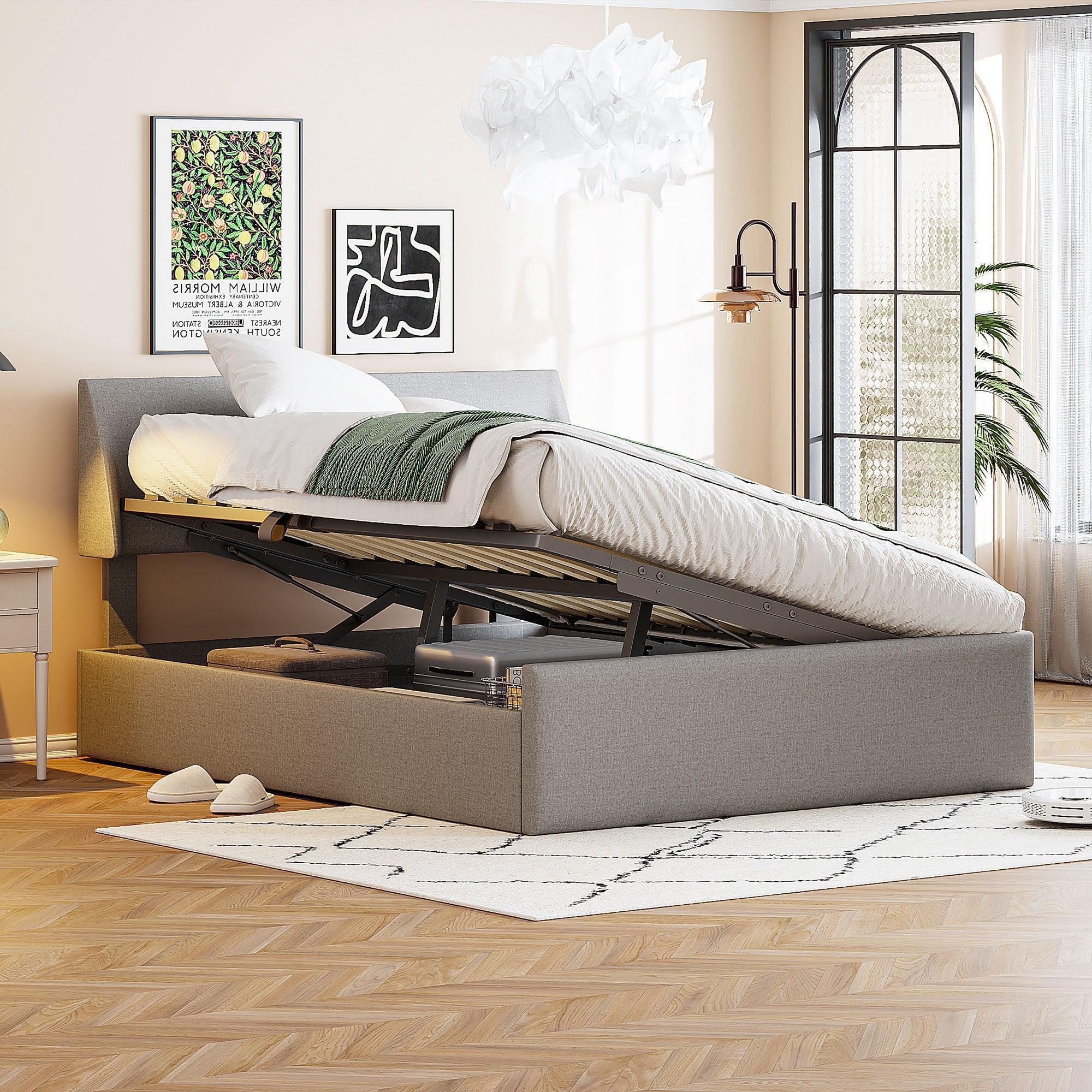 🆓🚛 Full Size Sleigh Bed With Side-Tilt Hydraulic Storage System, Linen Upholstery, Gray