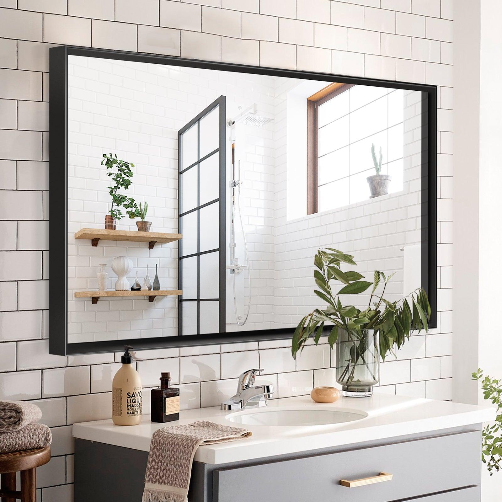 🆓🚛 Glossy Black Bathroom Mirrors for Wall 48X30" Wall Mounted Hanging Plates Mirror Farmhouse Mirror Modern Metal Framed Rectangular Mirror, Decorative Square Corner Mirror (Horizontal & Vertical)