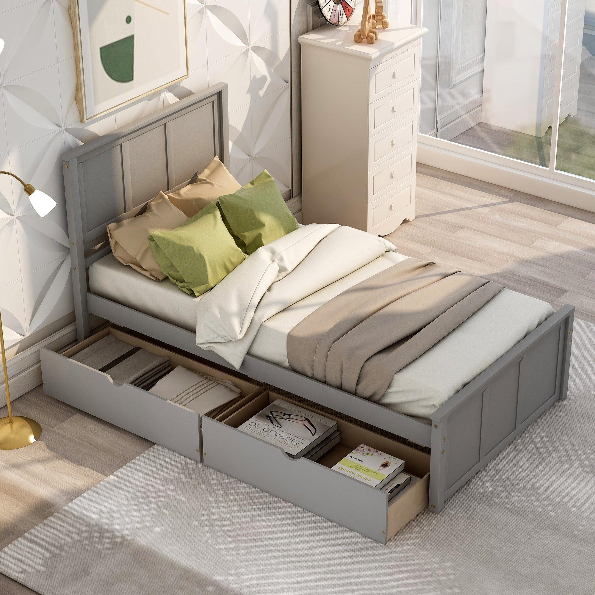 🆓🚛 Platform Storage Bed, 2 Drawers With Wheels, Twin Size Frame, Gray