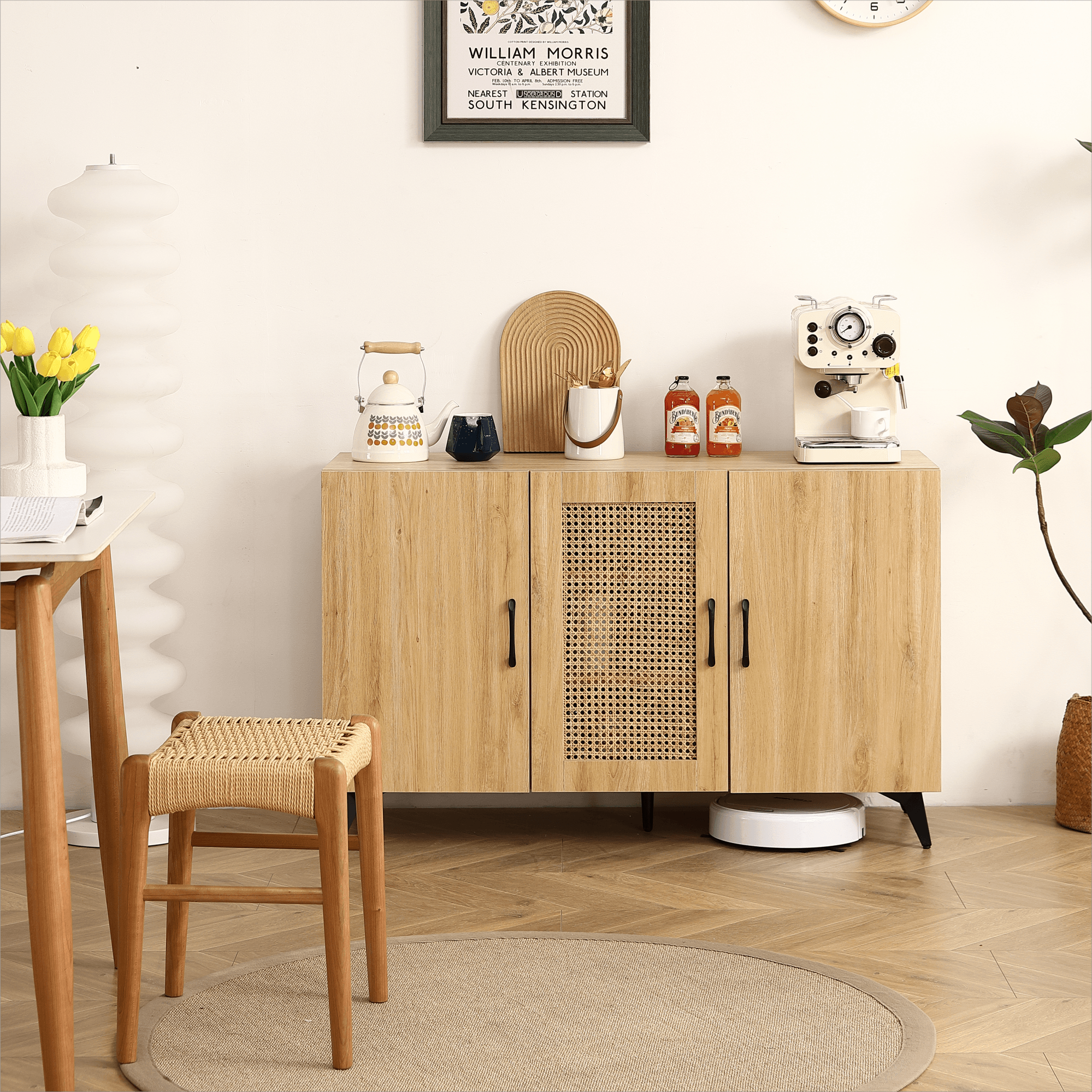 🆓🚛 Three-Door Cabinet With Natural Rattan Mesh - Large Storage Space, Kitchen Storage Cabinet .Stable & Durable Structure, Perfect for Living Rooms Or Restaurants 45.3"