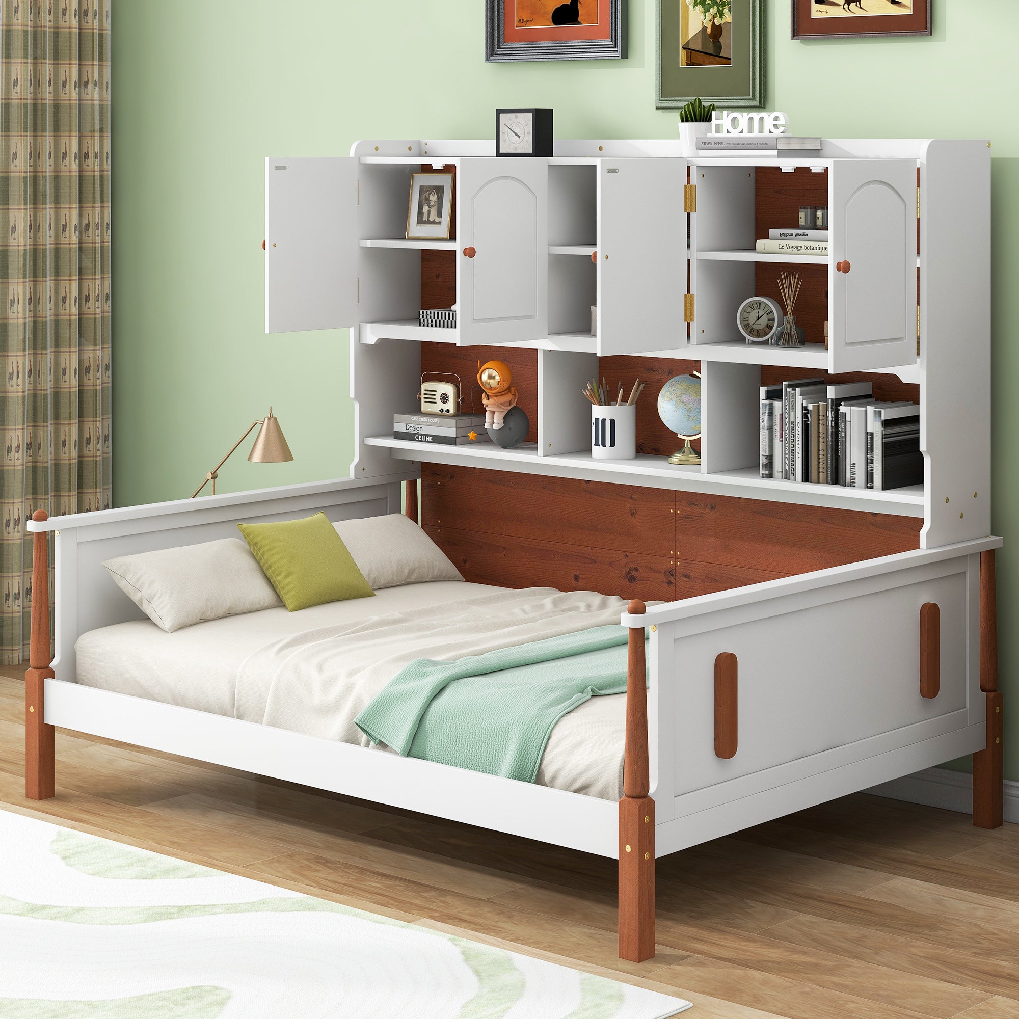 🆓🚛 Twin Size Platform Bed With Multiple Storage, White+Walnut