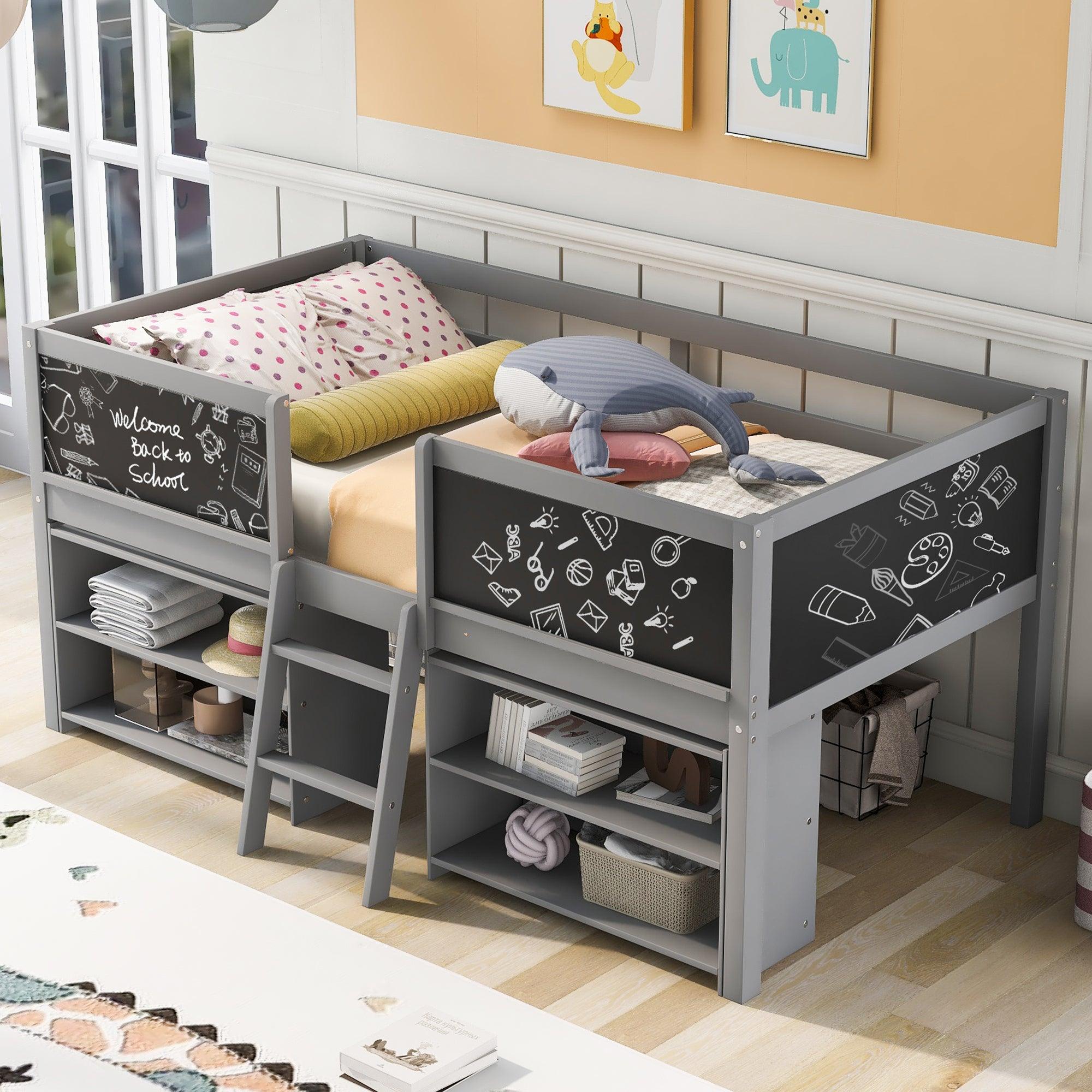 🆓🚛 Twin Size Low Loft Bed With Two Movable Shelves & Ladder, With Decorative Guardrail Chalkboard, Gray