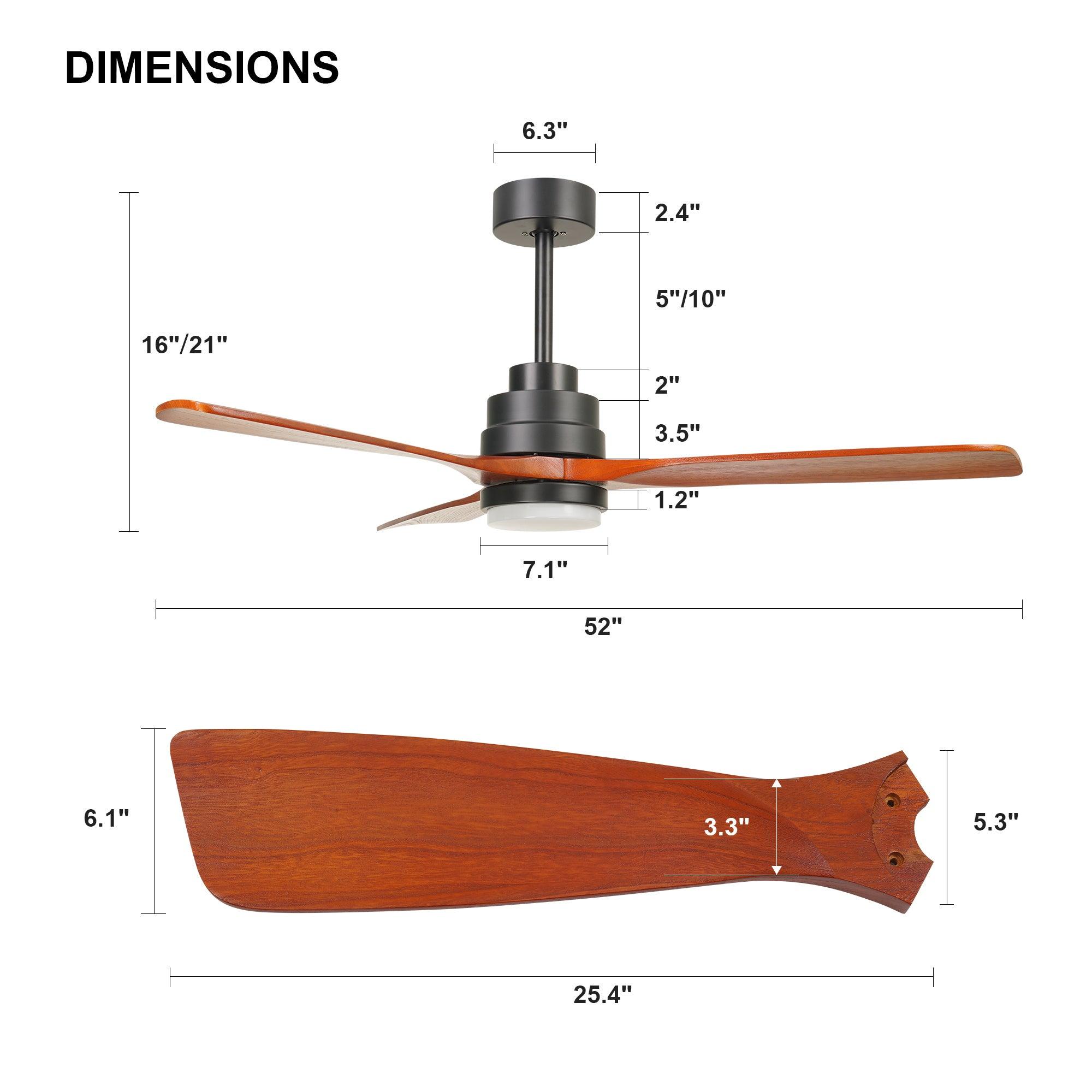 52" 6 Wooden Speed Ceiling Fan W/ Dimmable Led Lights & Remote Control