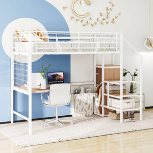 Full Size Metal Loft Bed with Desk and Metal Grid, Stylish Metal Frame Bed with Lateral Storage Ladder and Wardrobe, White