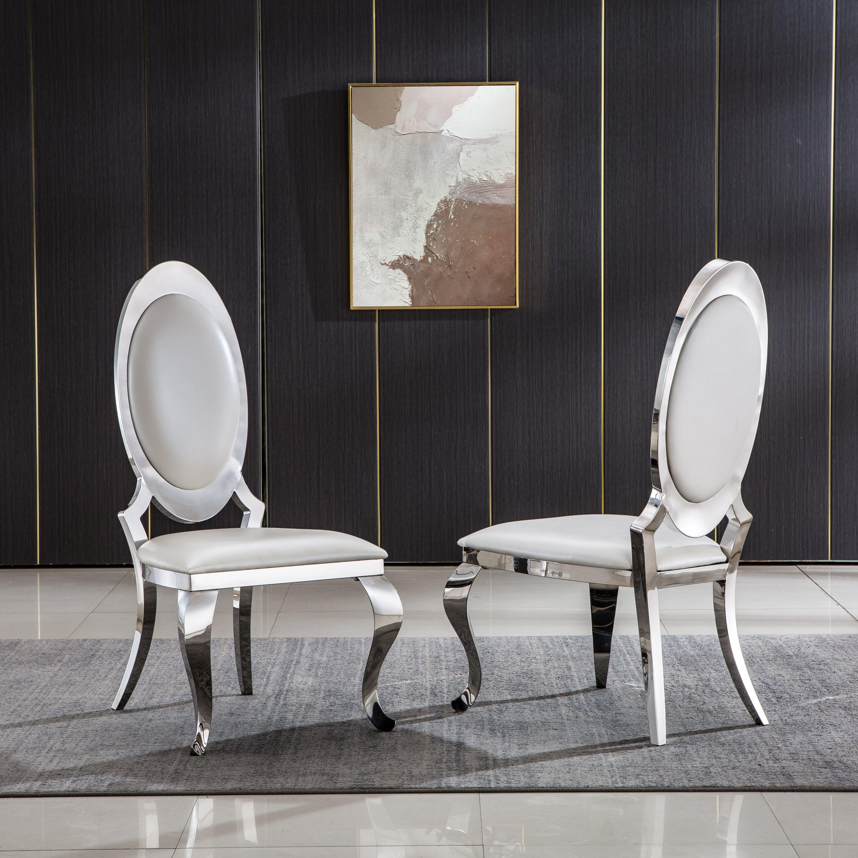 🆓🚛 Luxury-Looking Leatherette Dining Chair With Oval Backrest Set Of 2, Stainless Steel Legs - Silver & White