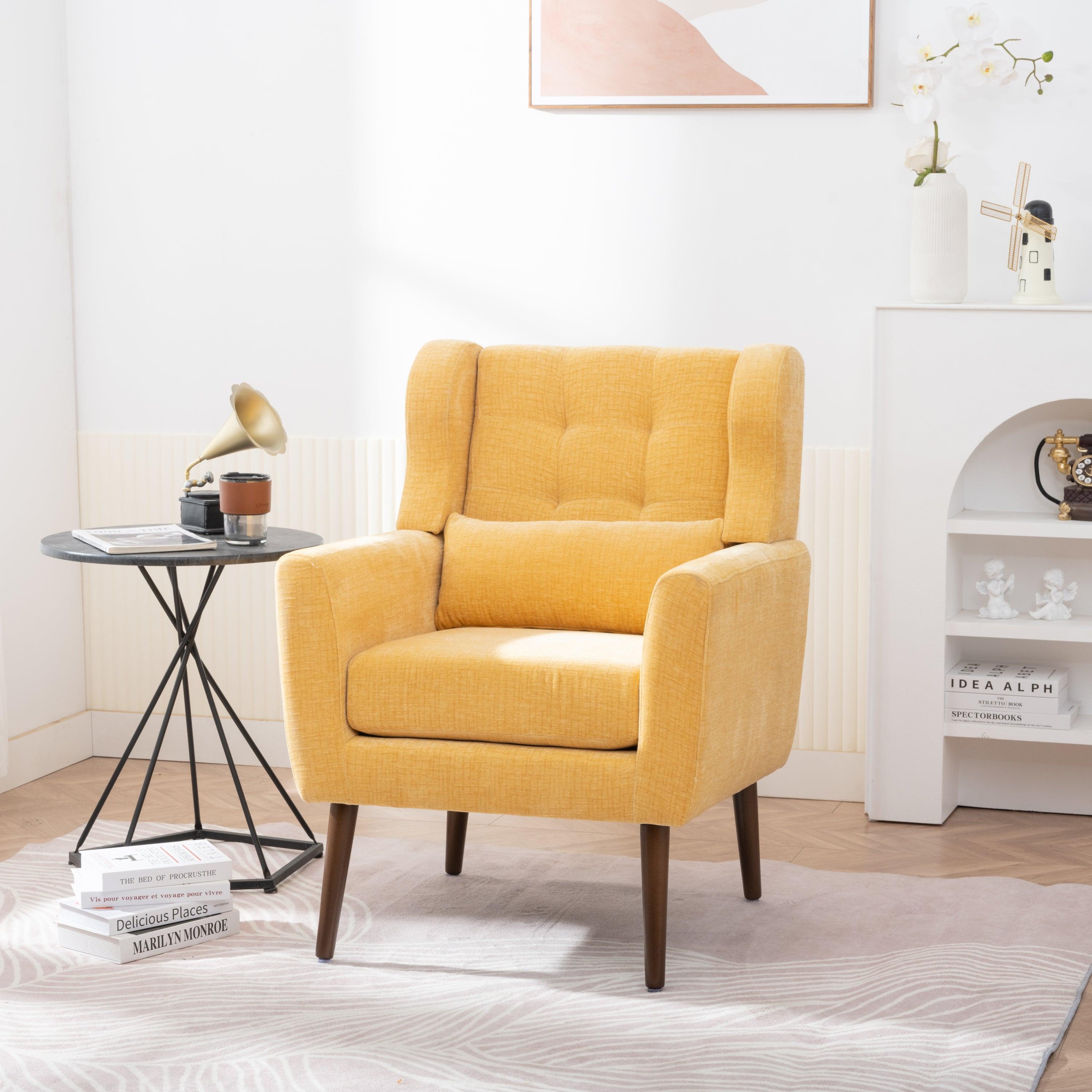 🆓🚛 Modern Accent Chair Upholstered Foam Filled Living Room Chairs Comfy Reading Chair Mid Century Modern Chair With Chenille Fabric Lounge Arm Chairs Armchair for Living Room Bedroom (Yellow)