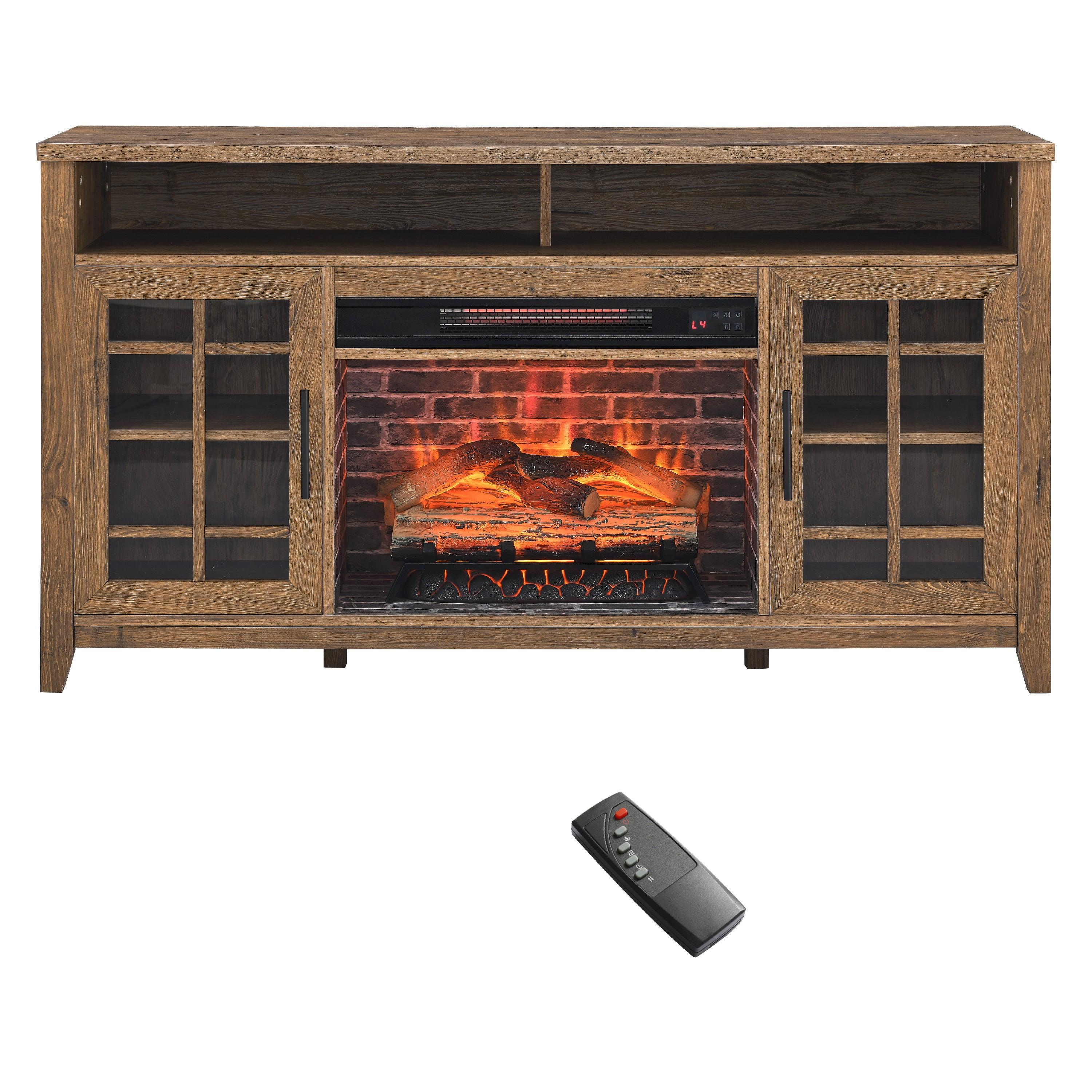 🆓🚛 55 Inch TV Media Stand With Electric Fireplace Kd Inserts Heater, Reclaimed Barnwood Color