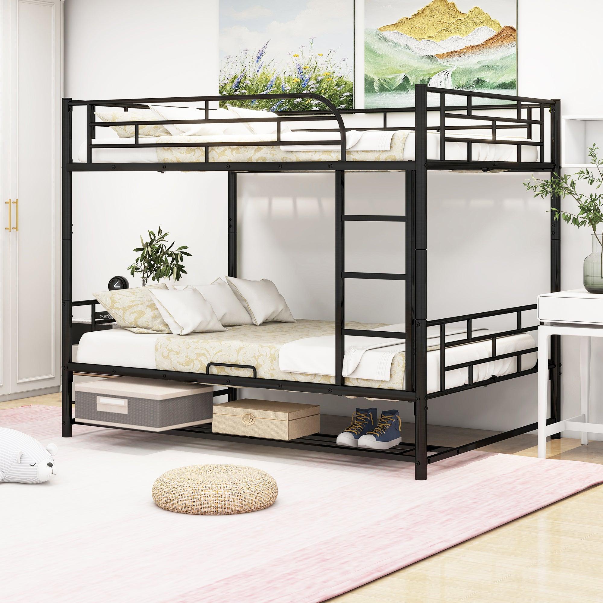 🆓🚛 Full Over Full Metal Bunk Bed With Shelf & Guardrails, Black
