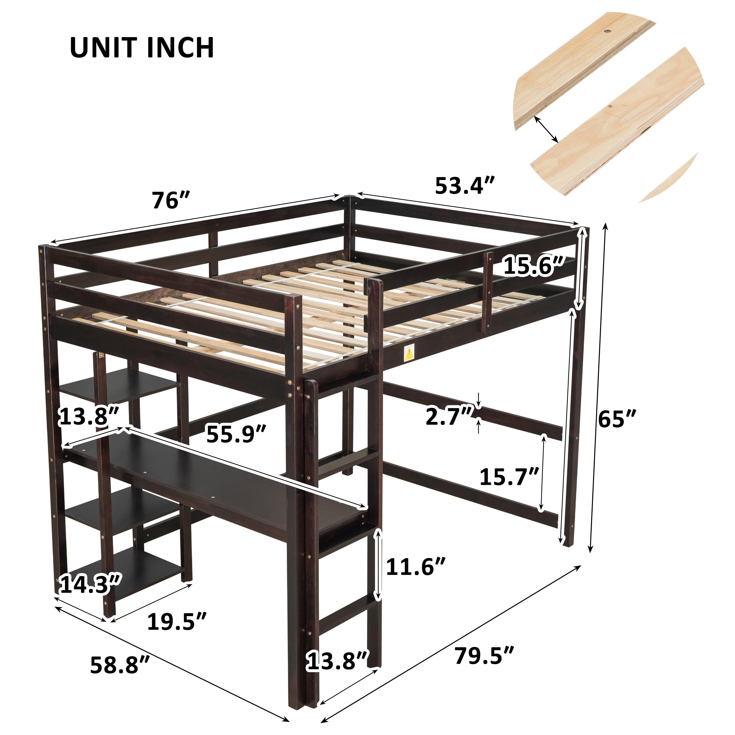 Full Loft Bed With Desk And Shelves, Perfect For Kids, Espresso