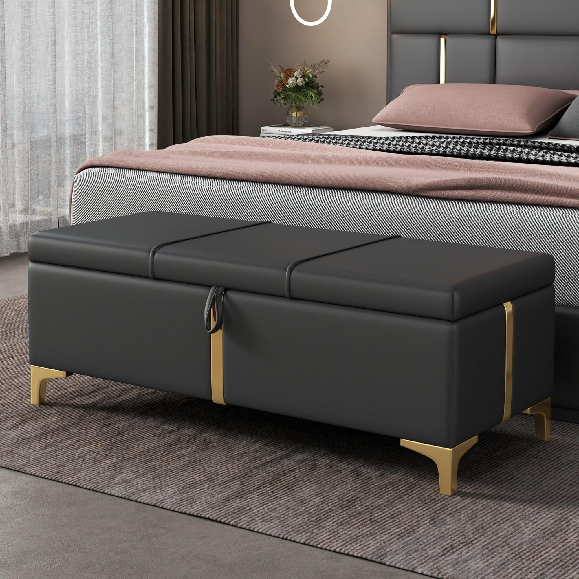 Elegant Upholstered Storage Ottoman, Storage Bench With Metal Legs For Bedroom, Living Room, Fully Assembled Except Legs, Black