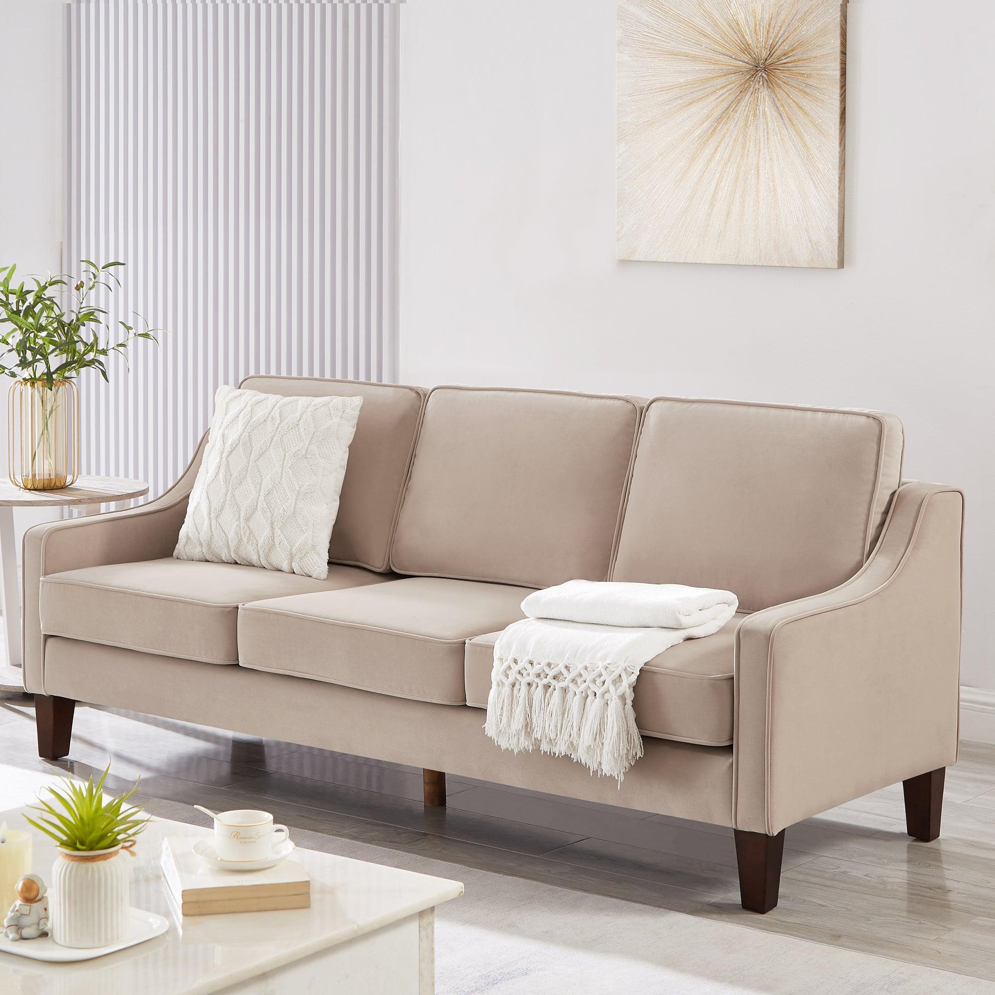 🆓🚛 Modern Upholstered Velvet 3-Seat Sofa With Removable Cushions for Living Room & Bedroom, Taupe