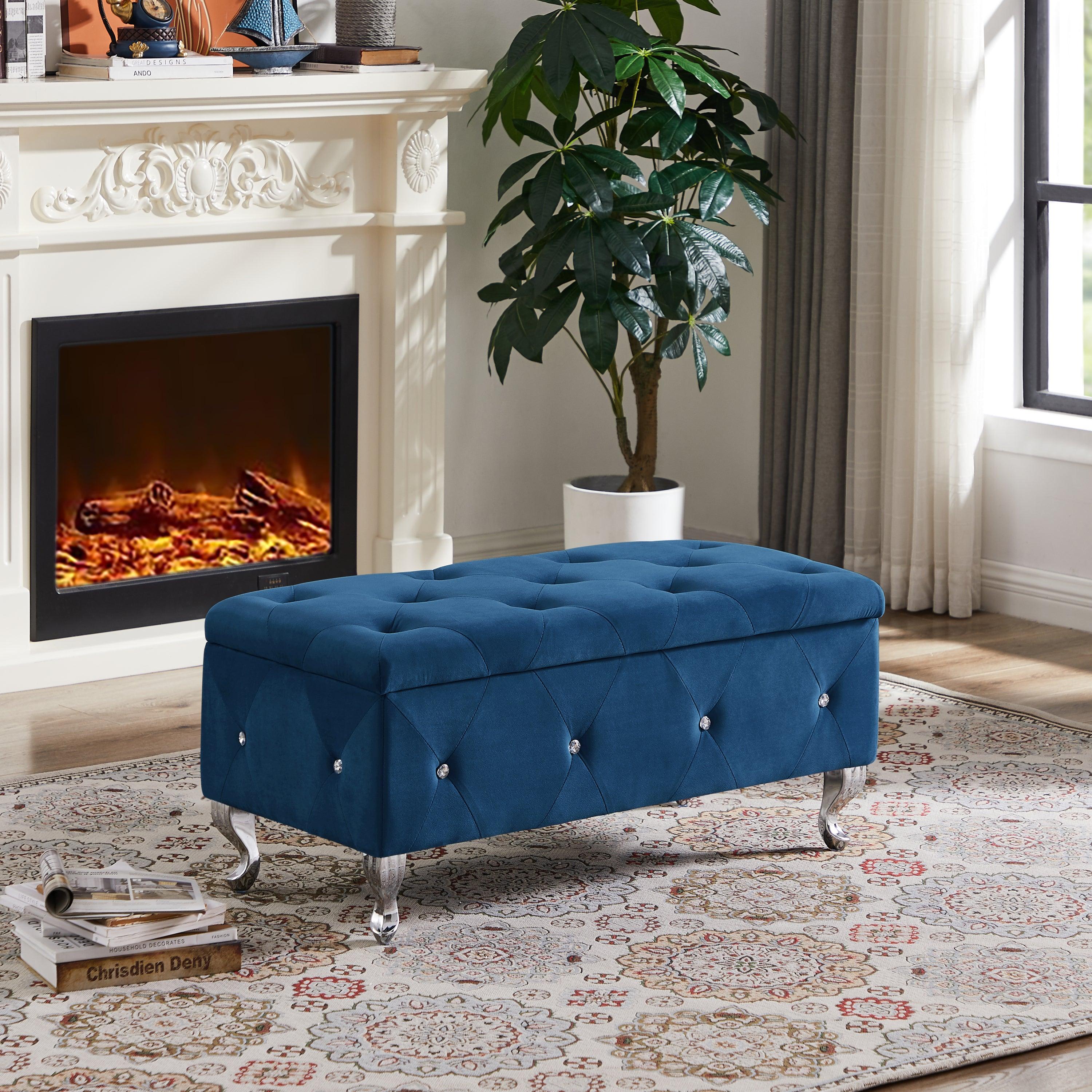 🆓🚛 Upholstered Velvet Storage Ottoman Bench, Flip Top, Metal Leg With Footpad, for Living Room, Entryway, Bedroom, Blue