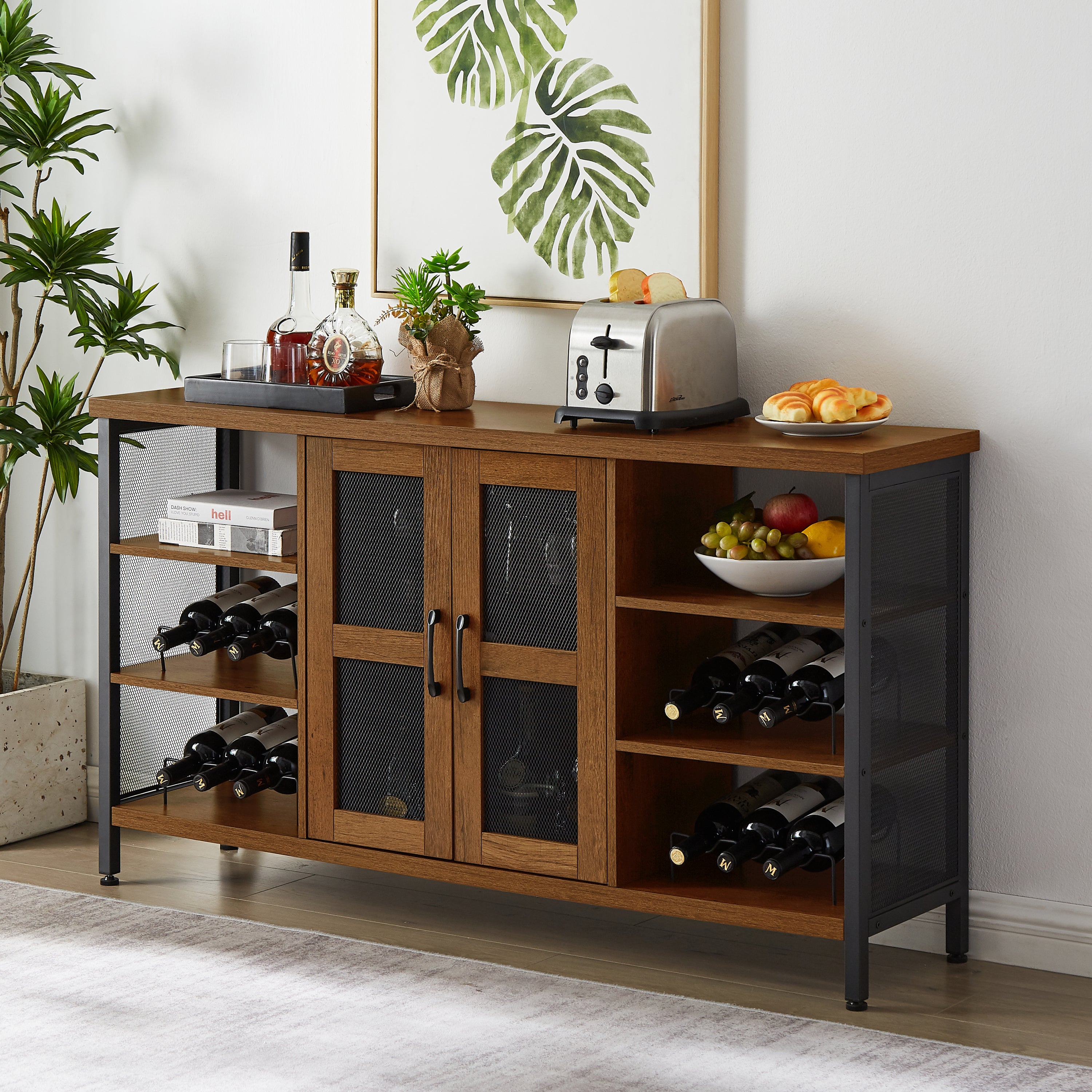 🆓🚛 Industrial Wine Bar Cabinet, Liquor Storage Credenza, Sideboard With Wine Racks & Stemware Holder, Hazelnut Brown, 55.12"W X 13.78"D X 30.31" H