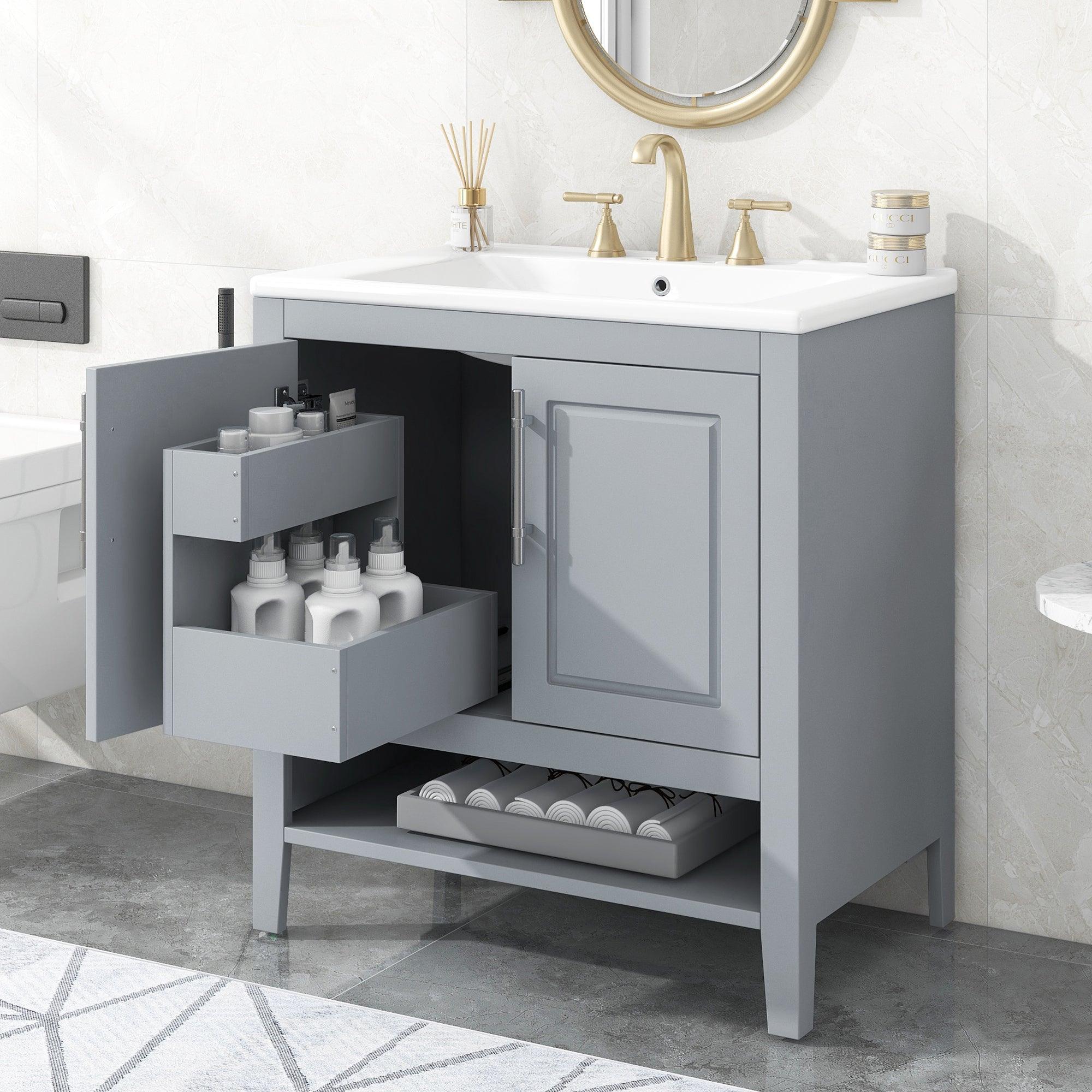 🆓🚛 30" Bathroom Vanity With Sink, Multi-Functional Bathroom Cabinet With Doors & Drawers, Solid Frame & Mdf Board, Gray