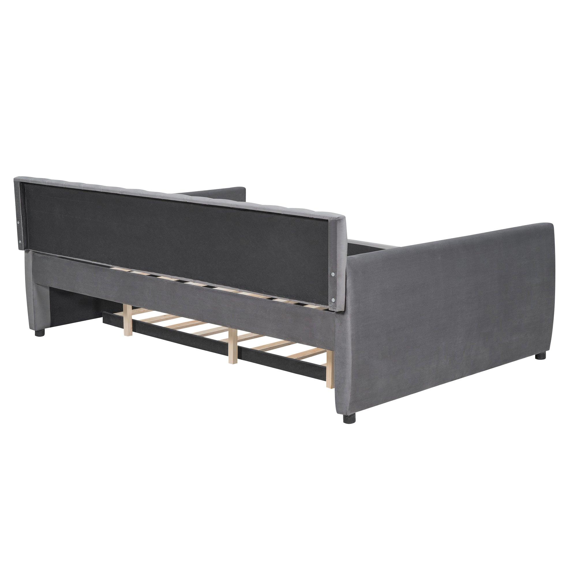 Full Size Upholstered Daybed With Trundle And Wood Slat Support, Gray