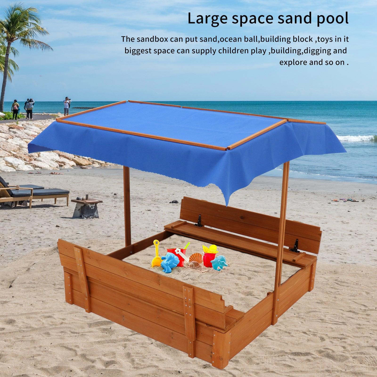 🆓🚛 Wood Sandbox With Cover, Sand Box With 2 Bench Seats for Aged 3-8 Years Old, Sand Boxes for Backyard Garden, Sand Pit for Beach Patio Outdoor (Natural Wood)