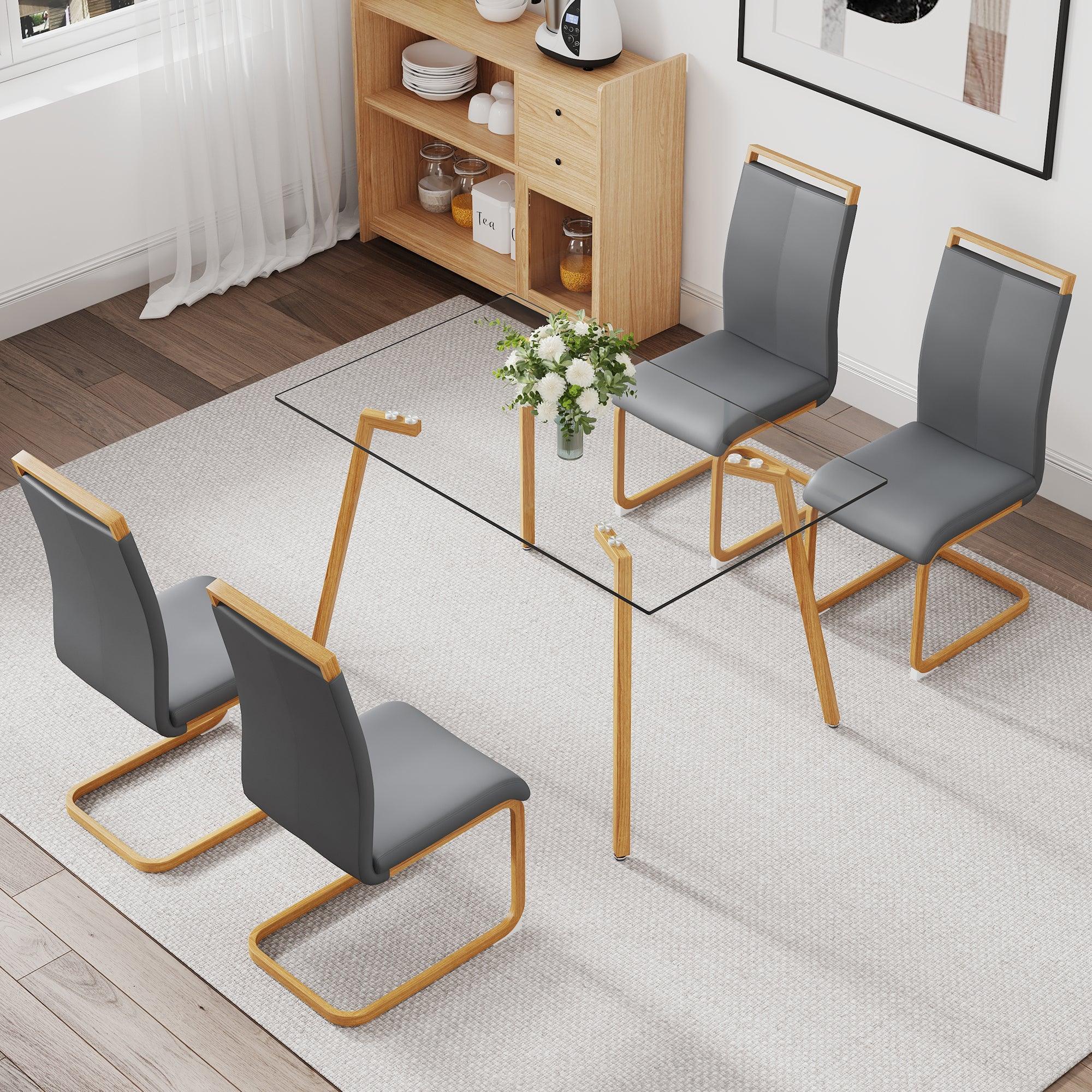 🆓🚛 Table & Chair Set, 1 Table & 4 Gray Chairs Glass Dining Table With 0.31" Tempered Glass Tabletop & Wood Color Metal Legs, Pu Leather High Back Upholstered Chair With Wood Color Metal Leg