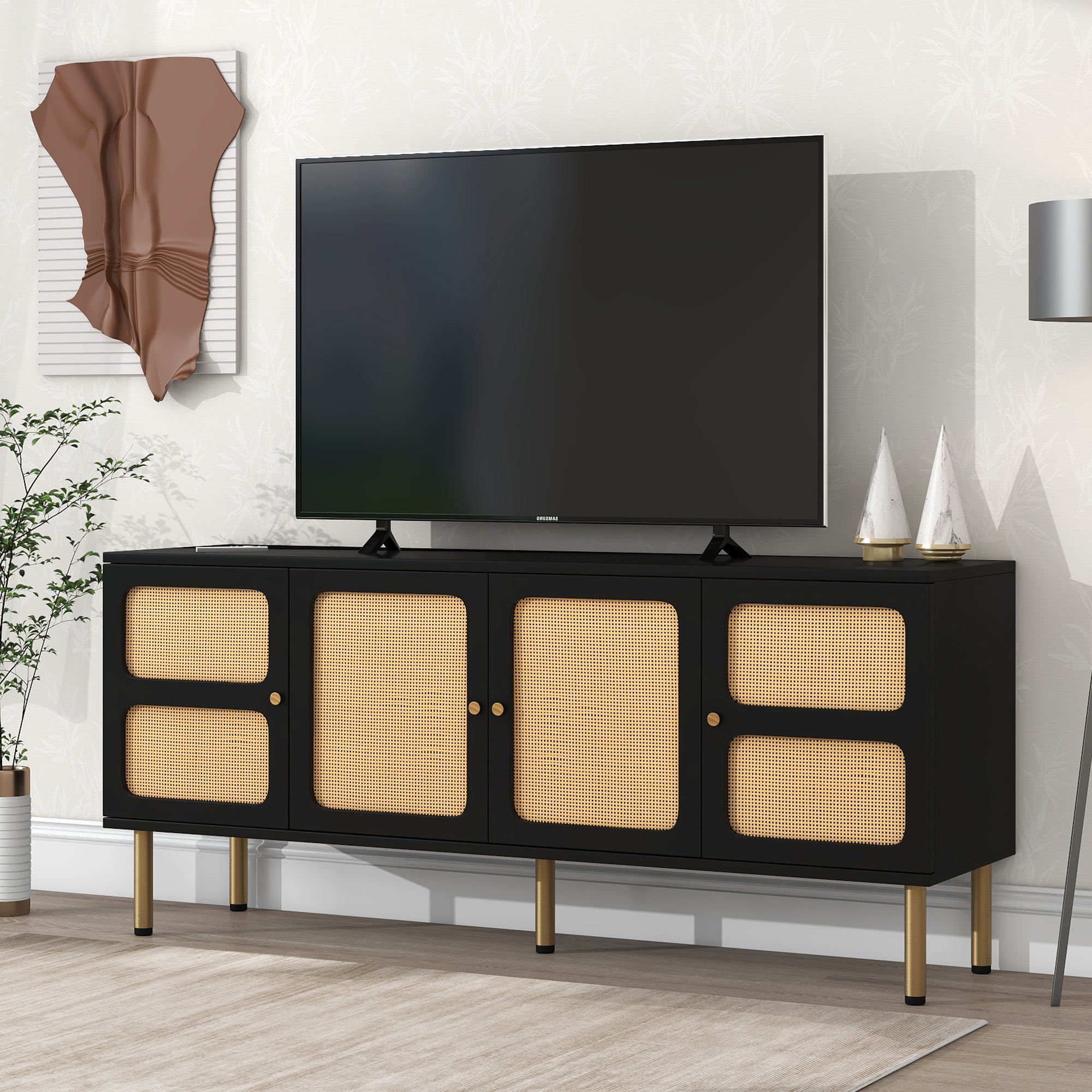 🆓🚛 Tv Stand With Rattan Door, Woven Media Console Table for TV's Up To 70'', Country Style Design Side Board With Gold Metal Base for Living Room, Black