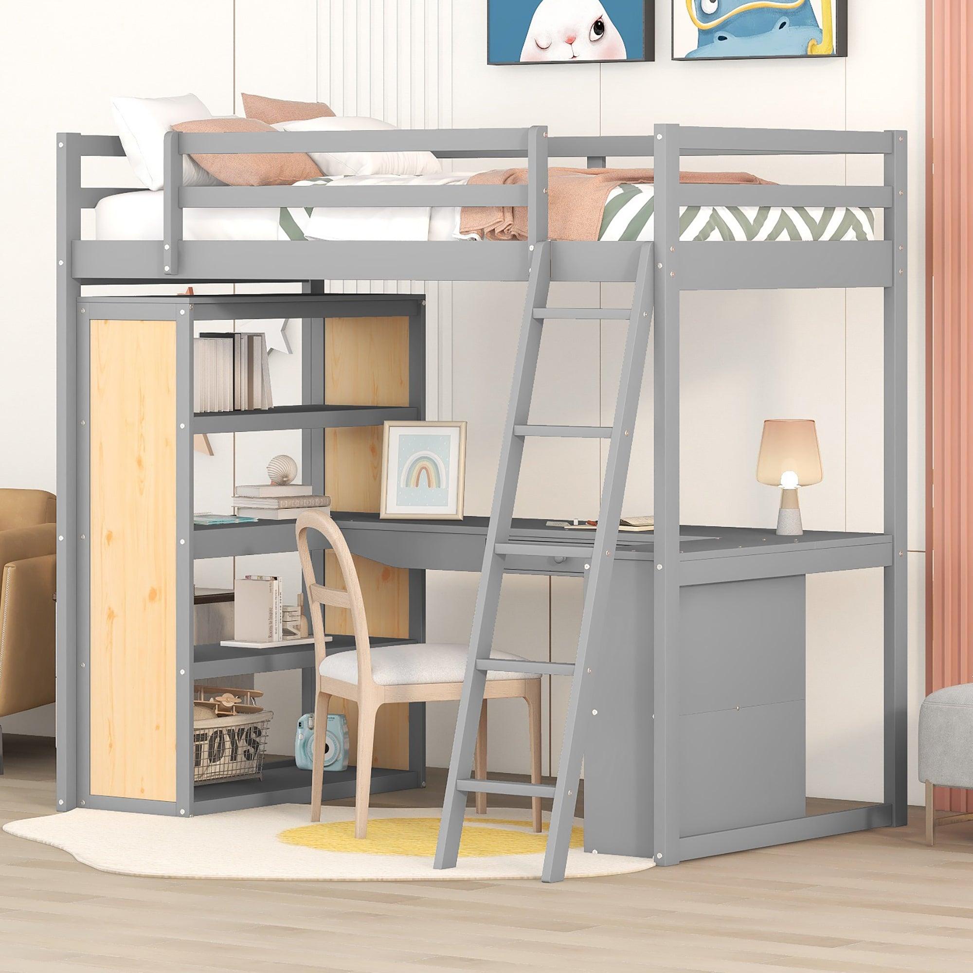 🆓🚛 Twin Size Loft Bed With Ladder, Shelves, & Desk, Gray