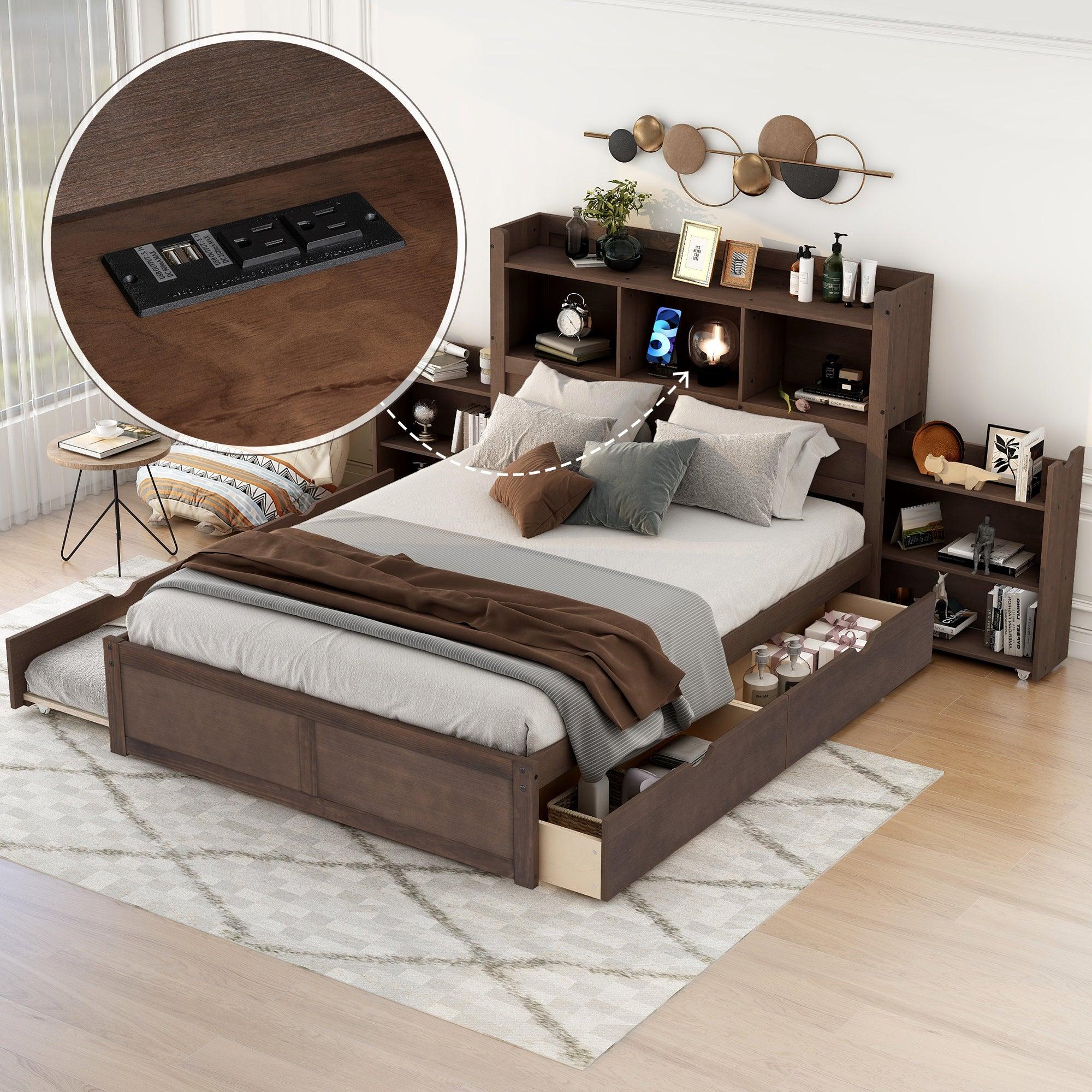 Full Size Storage Platform Bed with Pull Out Shelves, Twin Size Trundle and 2 Drawers, Espresso