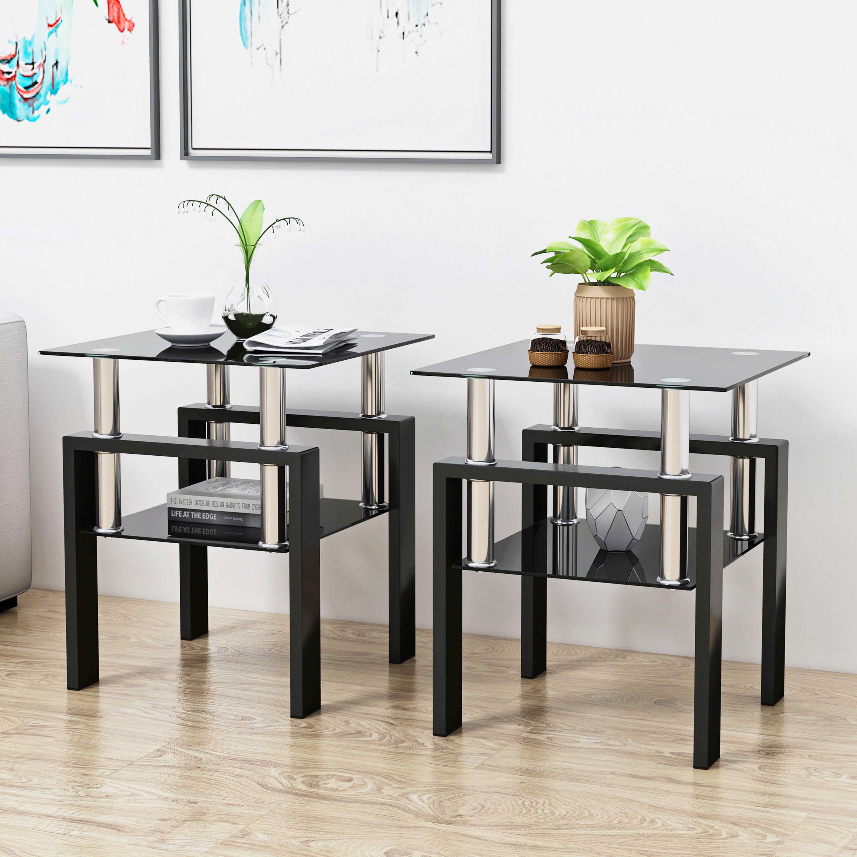 🆓🚛 Set of 2 Modern Tempered Glass Square End Table for Living Room, Black