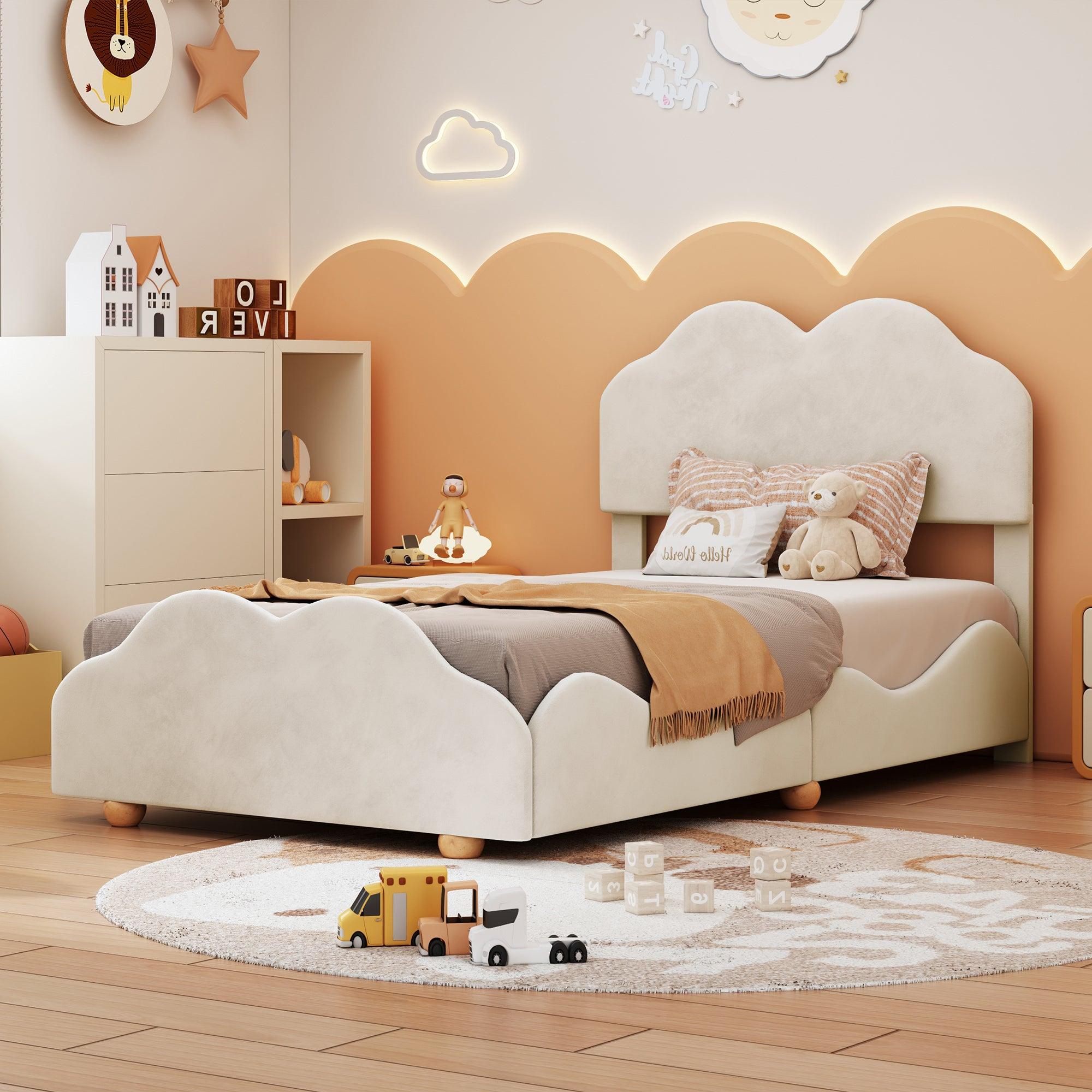 🆓🚛 Twin Size Upholstered Platform Bed With Cloud Shaped Bed Board, Beige