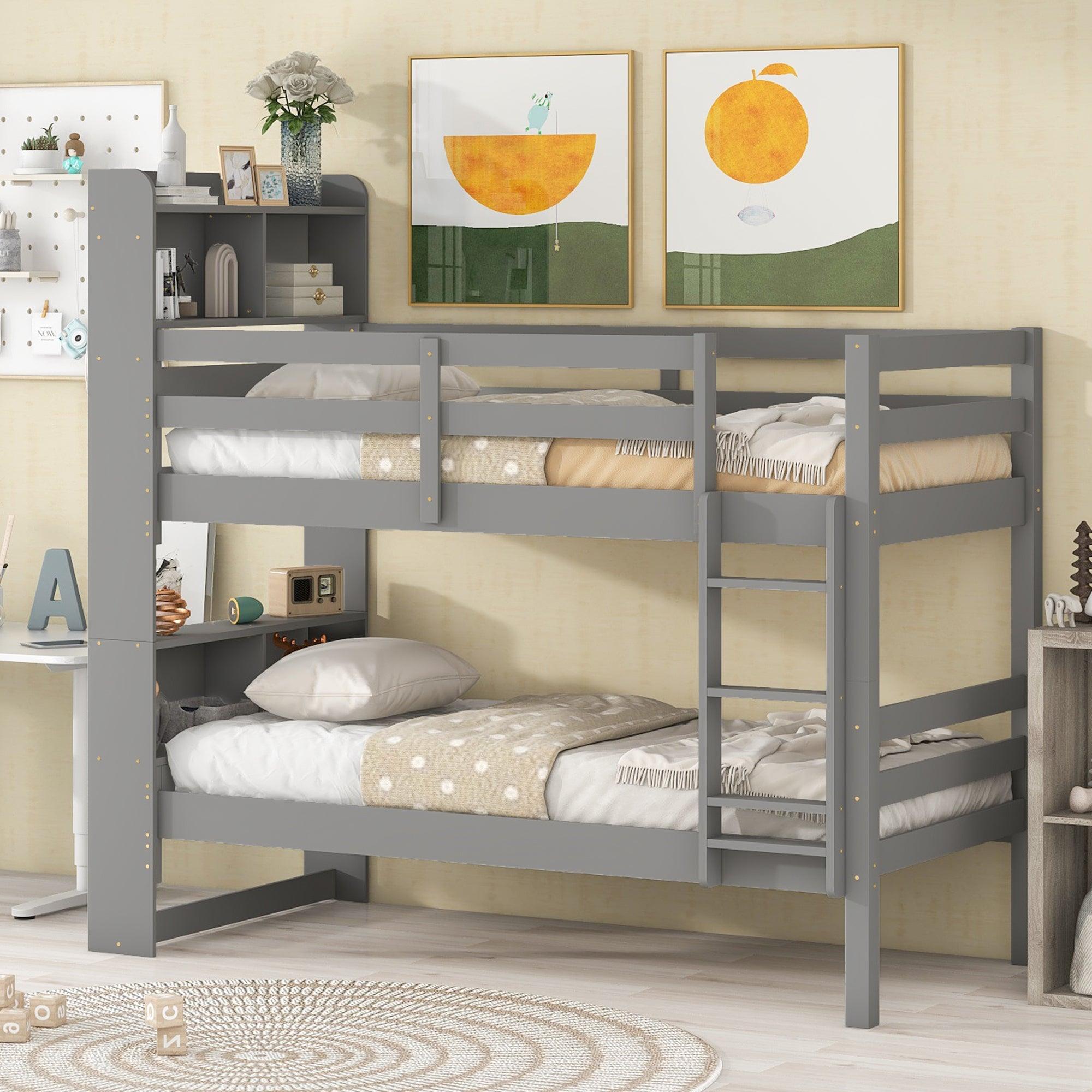 🆓🚛 Twin Over Twin Bunk Beds With Bookcase Headboard, Solid Wood Bed Frame With Safety Rail & Ladder, Kids/Teens Bedroom, Guest Room Furniture, Can Be Converted Into 2 Beds, Gray