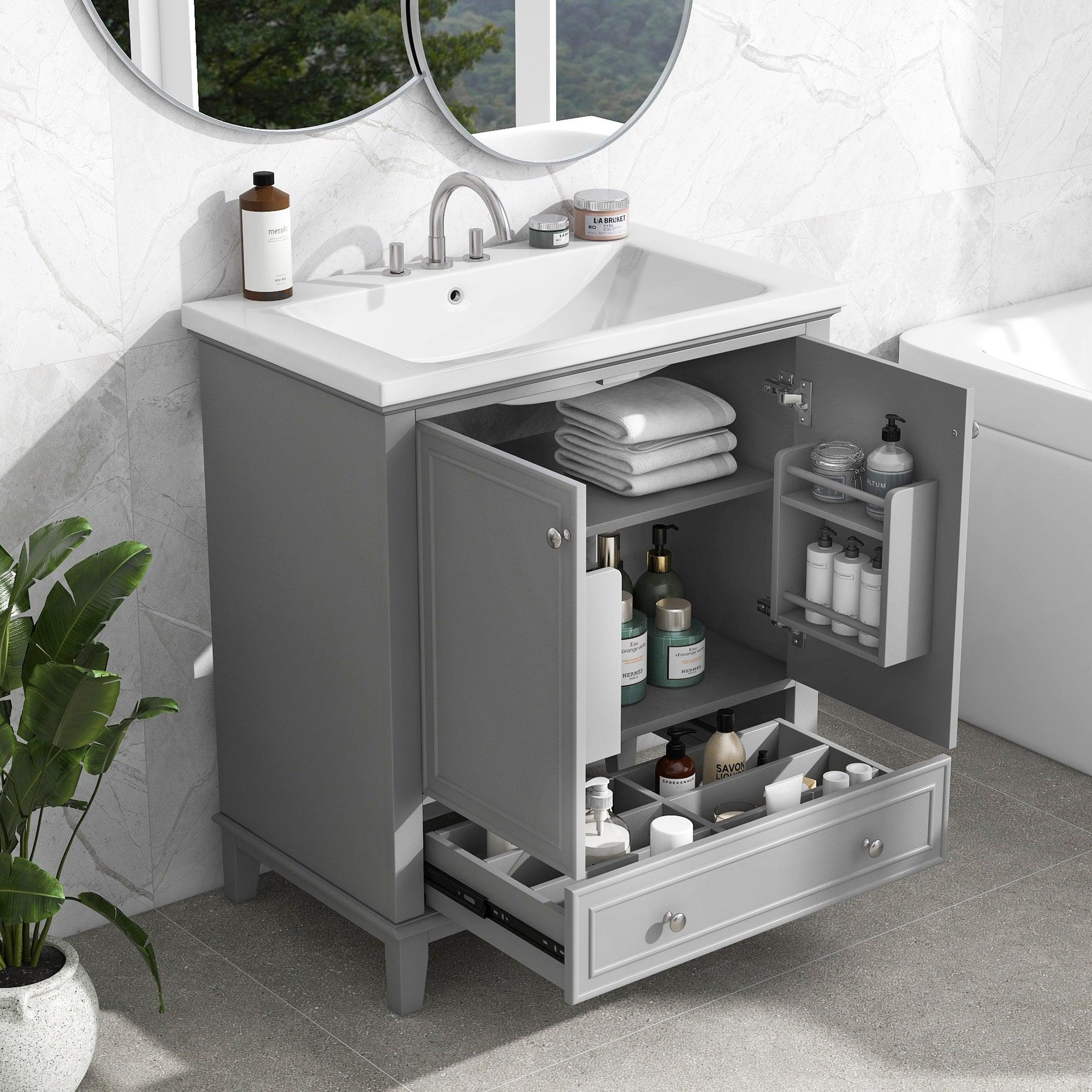 🆓🚛 30" Bathroom Vanity With Sink Combo, Multi-Functional Bathroom Cabinet With Doors & Drawer, Solid Frame & Mdf Board, Gray