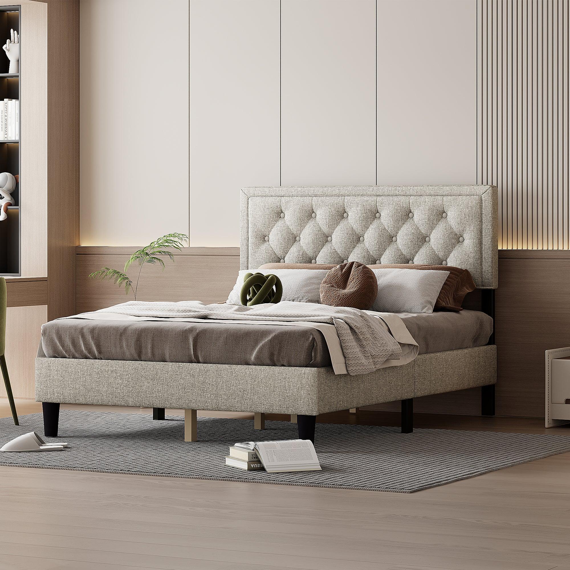 🆓🚛 King Size Panel Bed Frame With Adjustable Button-Tufted Headboard for Bedroom/Linen Upholstered/Wood Slat Support/Easy Assembly, Linen Beige