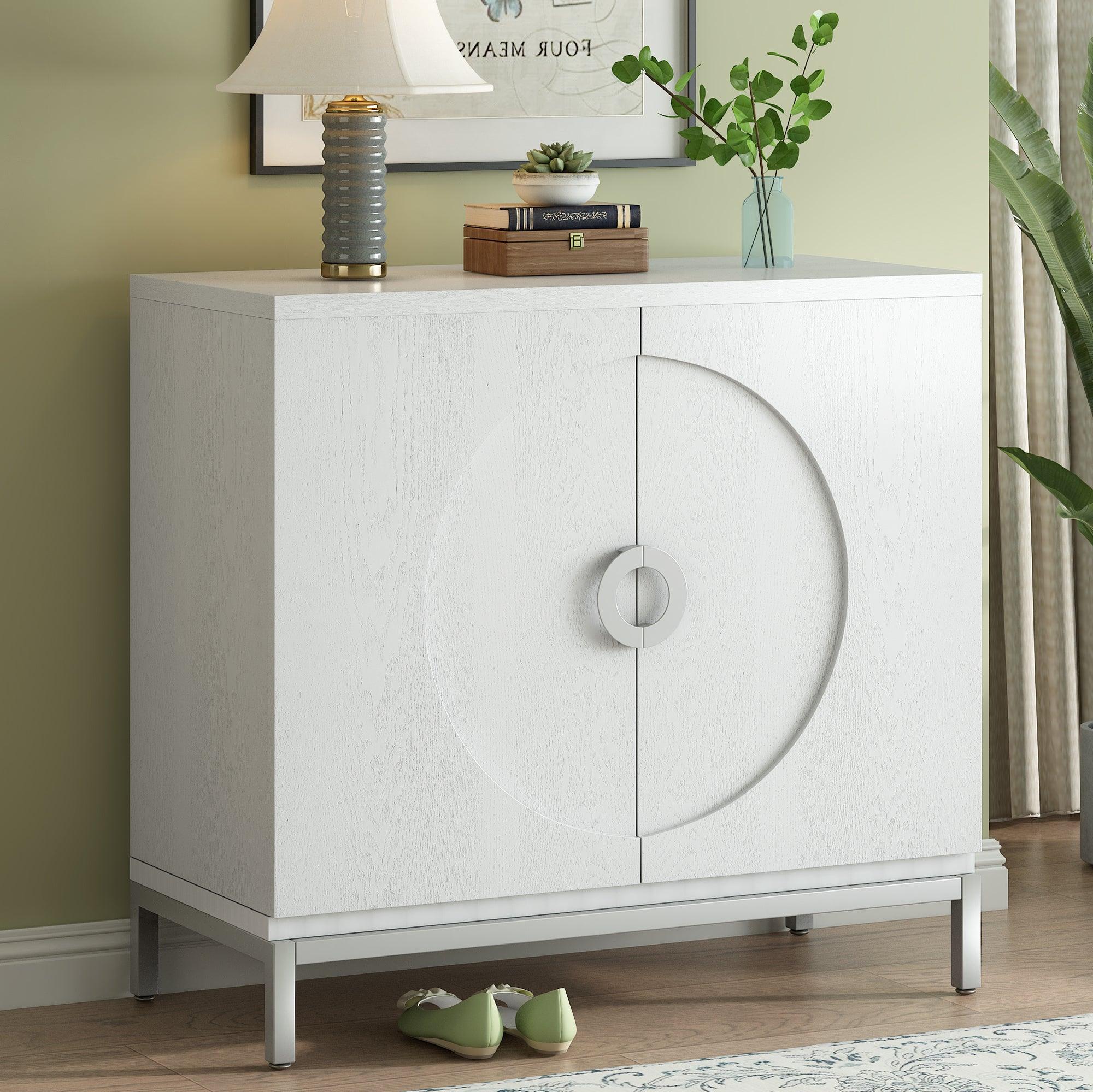 🆓🚛 Simple Storage Cabinet Accent Cabinet With Solid Wood Veneer & Metal Leg Frame for Living Room, Entryway, Dining Room (White)
