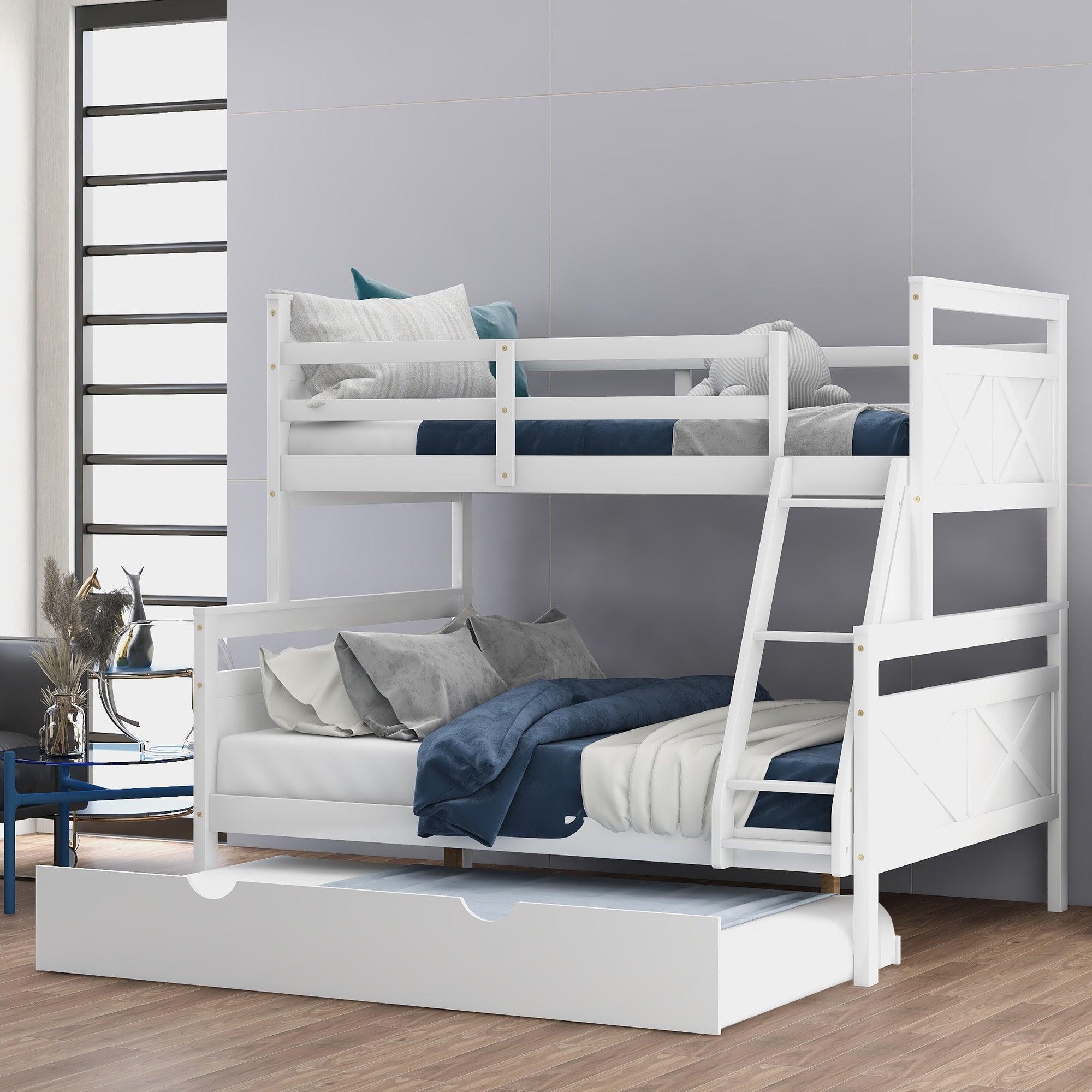 🆓🚛 Twin Over Full Bunk Bed With Ladder, Twin Size Trundle, Safety Guardrail, White