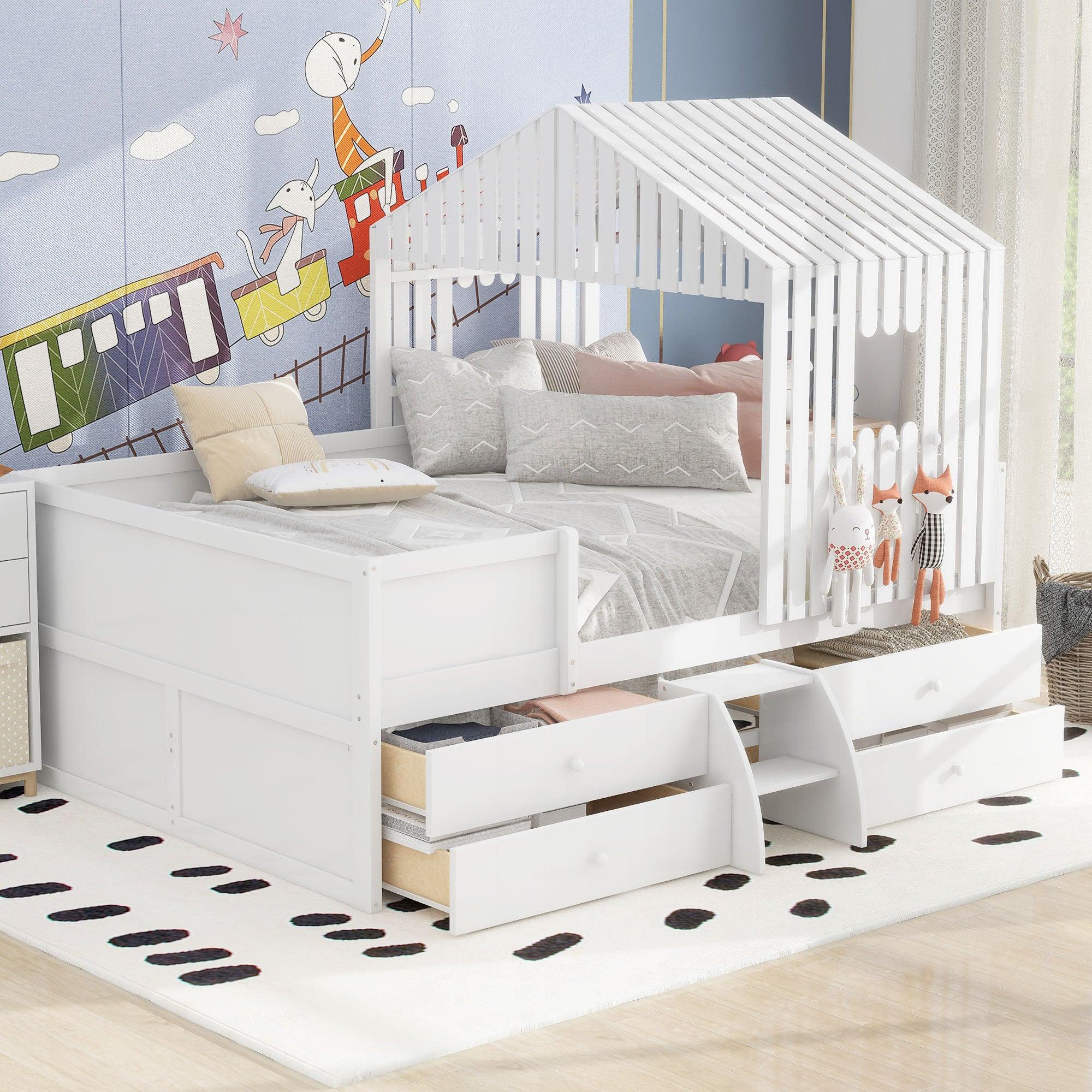 Full Size House Low Loft Bed with Four Drawers, White