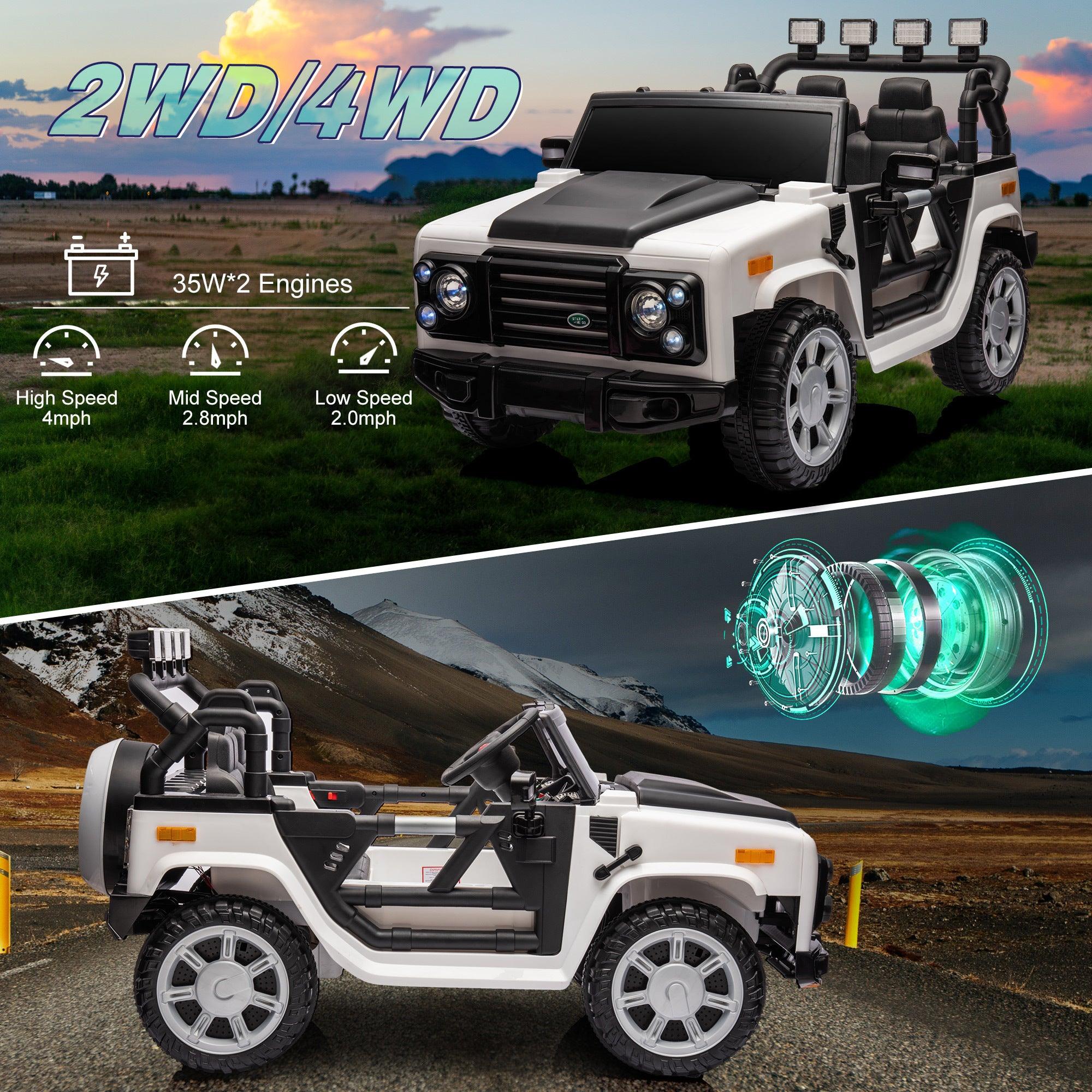 🆓🚛 12V7A 30W*2 Four-Wheel Drive Electric Ride On Open Car, 1 Button Start, Forward & Backward, High & Low Speed, Music, Front Light, Power Display, 2.4G R/C, Seat Belt 4 Wheel Absorber, Black & White